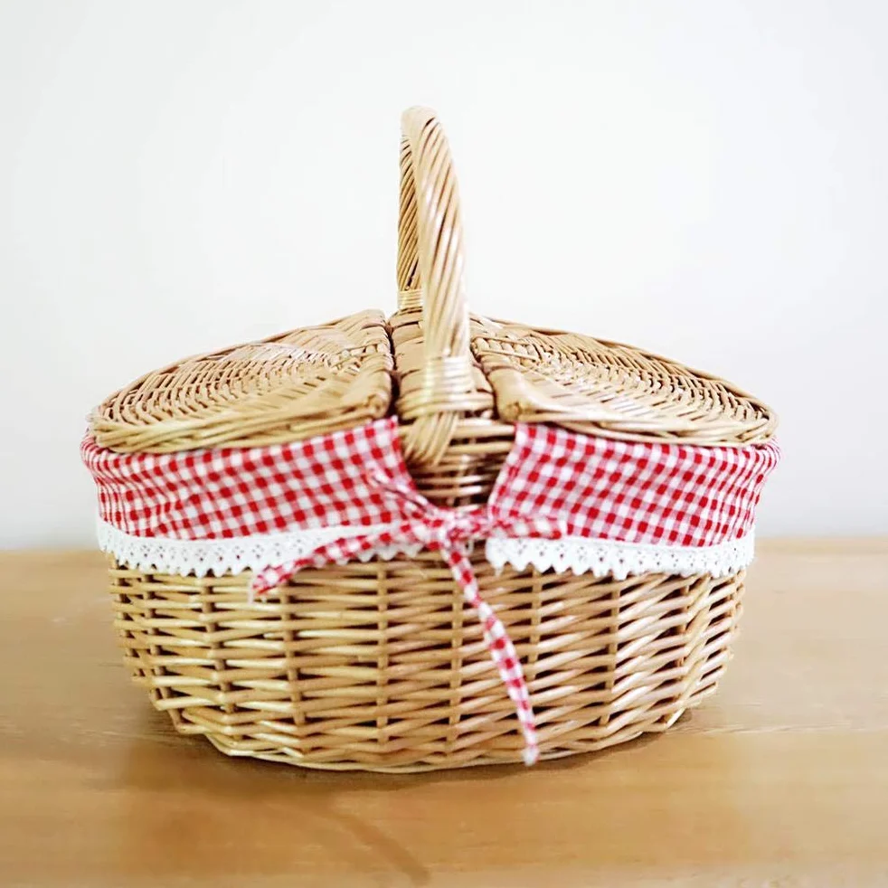 Cestino da picnic in vimini, Cestino da campeggio in stile country con manico sul coperchio e fodere Cesto vuoto Cestini da giardinaggio per picnic, feste, barbecue,