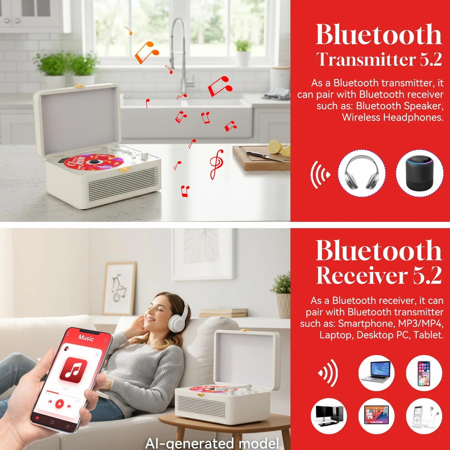 Gueray Lettore CD Pelle Portatile Ricaricabile Bluetooth 3600mAh con Altoparlanti e Telecomando USB AUX