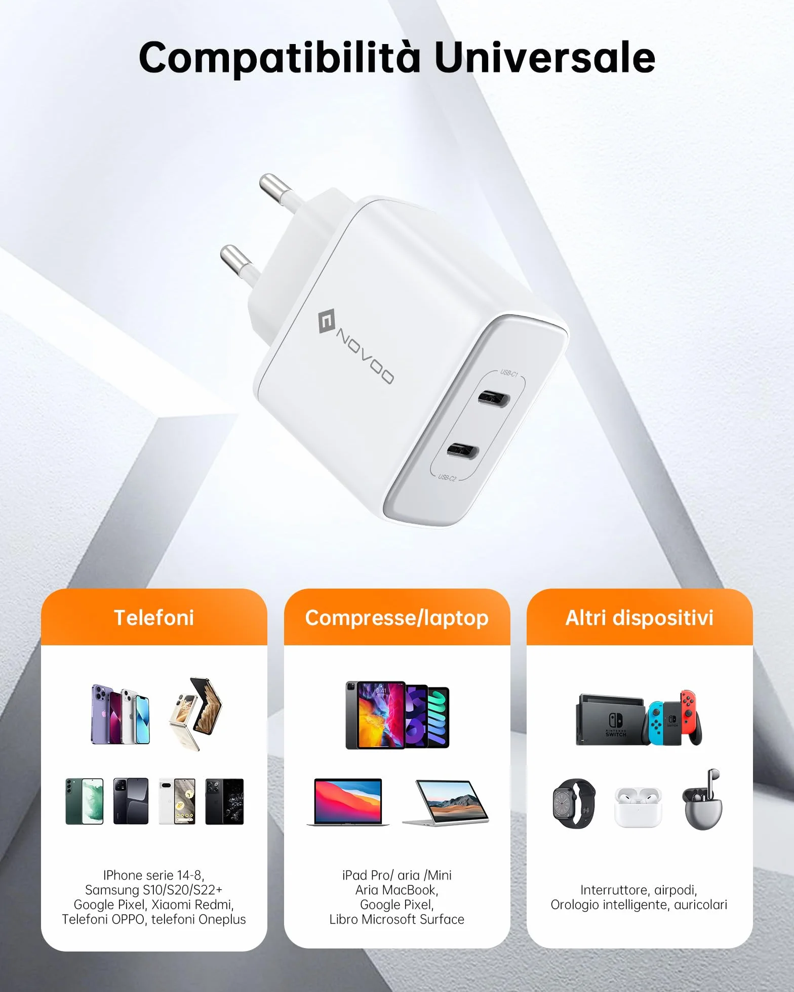 NOVOO 35W Caricatore USB C 2 Porte GaN III Caricabatteria Rapido Compatto da Parete per MacBook Air, iPad Pro, Pixel, iPhone 14-8, Galaxy, Samsung S10/S20/S22+