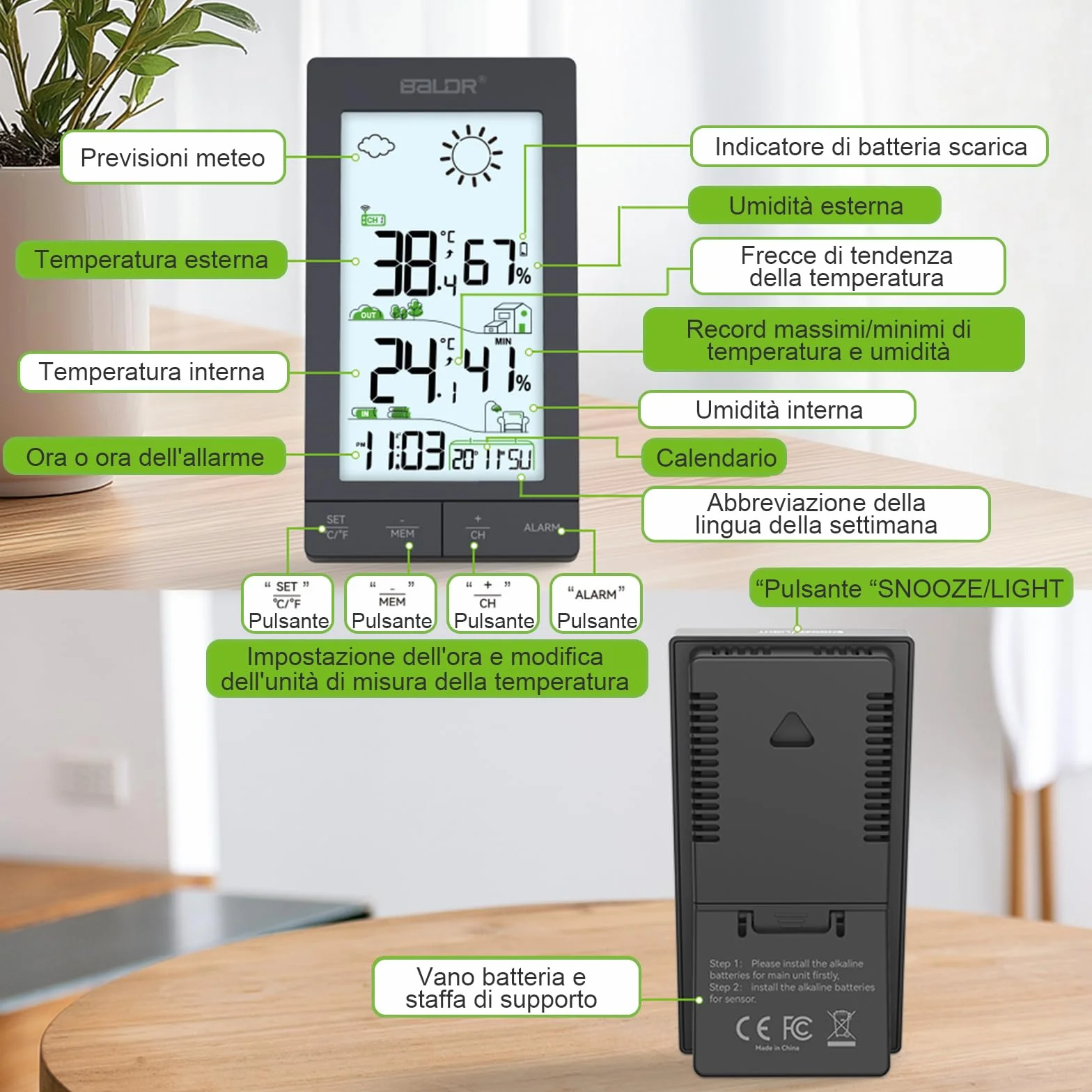Stazione Meteo con Sensore Esterno, Display LCD 6.0", Termometro Igrometro, Previsioni, Sveglia Snooze