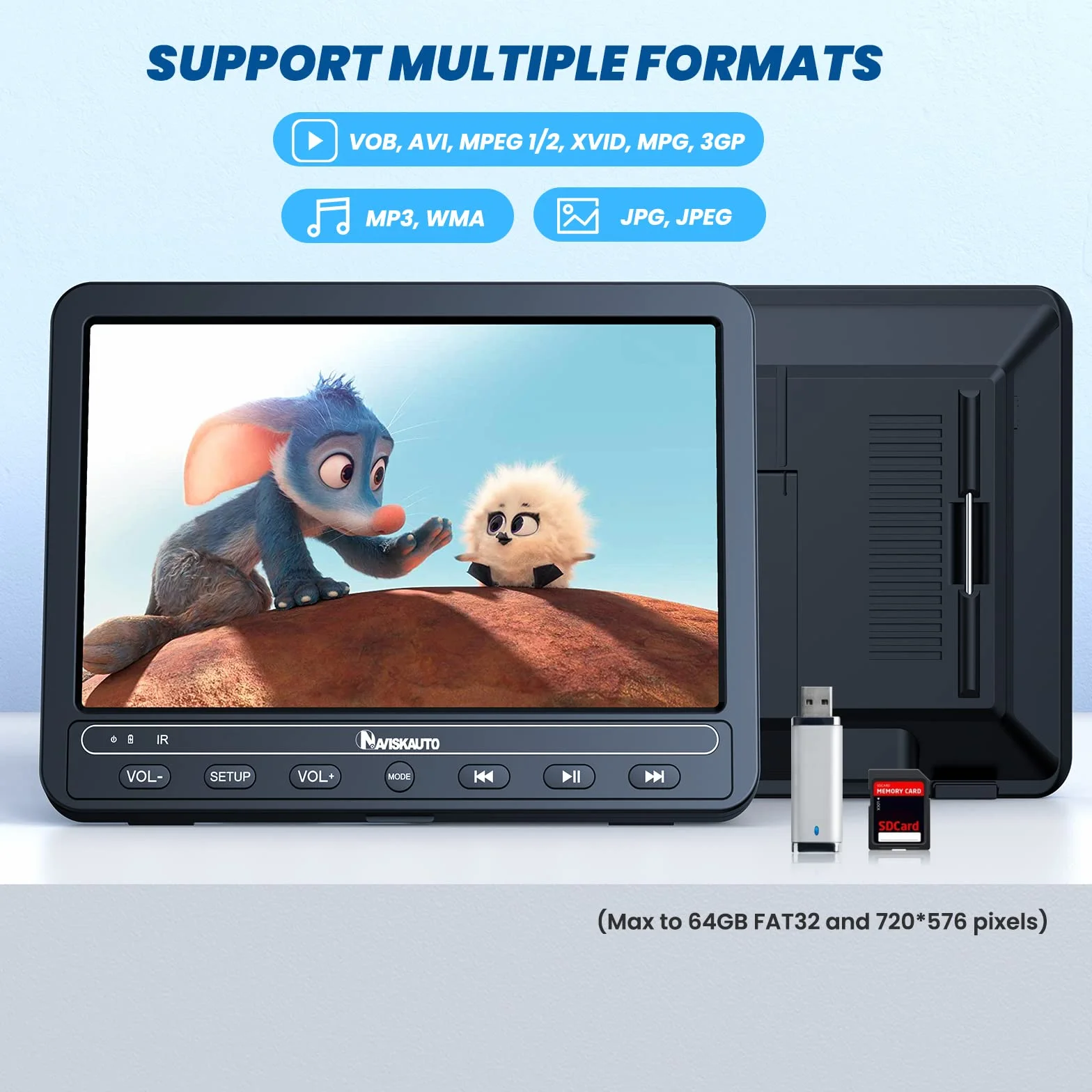 NAVISKAUTO 10,5" Doppio Lettore DVD per Auto Portatile con Batteria Ricaricabile 5 Ore USB/SD