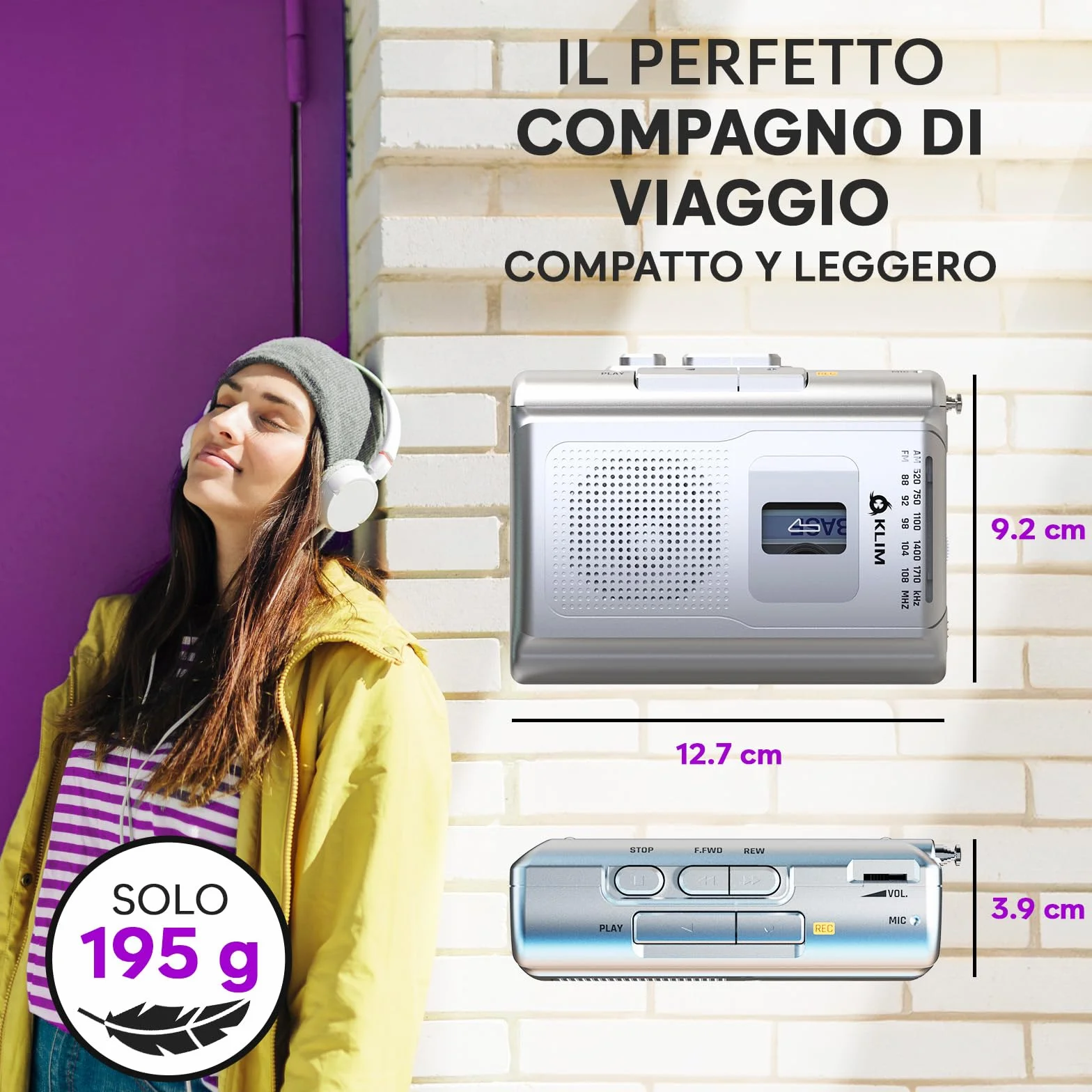 KLIM K8 Lettore Cassette Audio Registratore Radio AM/FM Argento