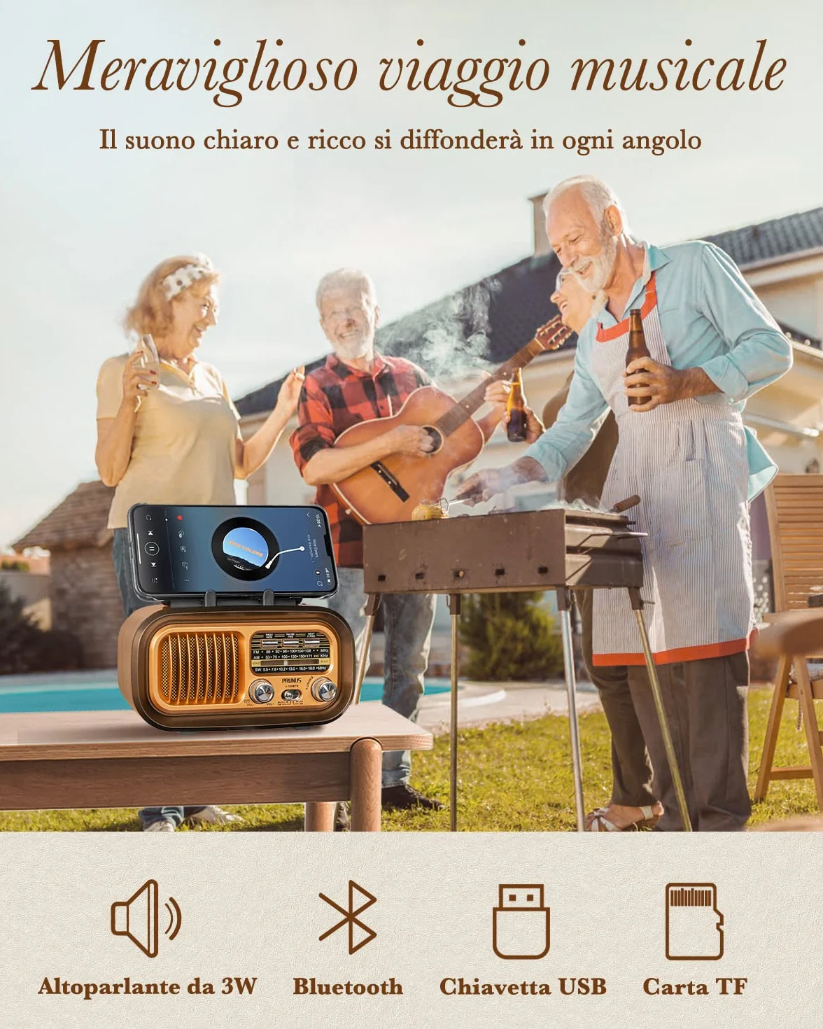 PRUNUS J-150 Radio Portatile Vintage FM/AM/SW Bluetooth Solare Ricaricabile