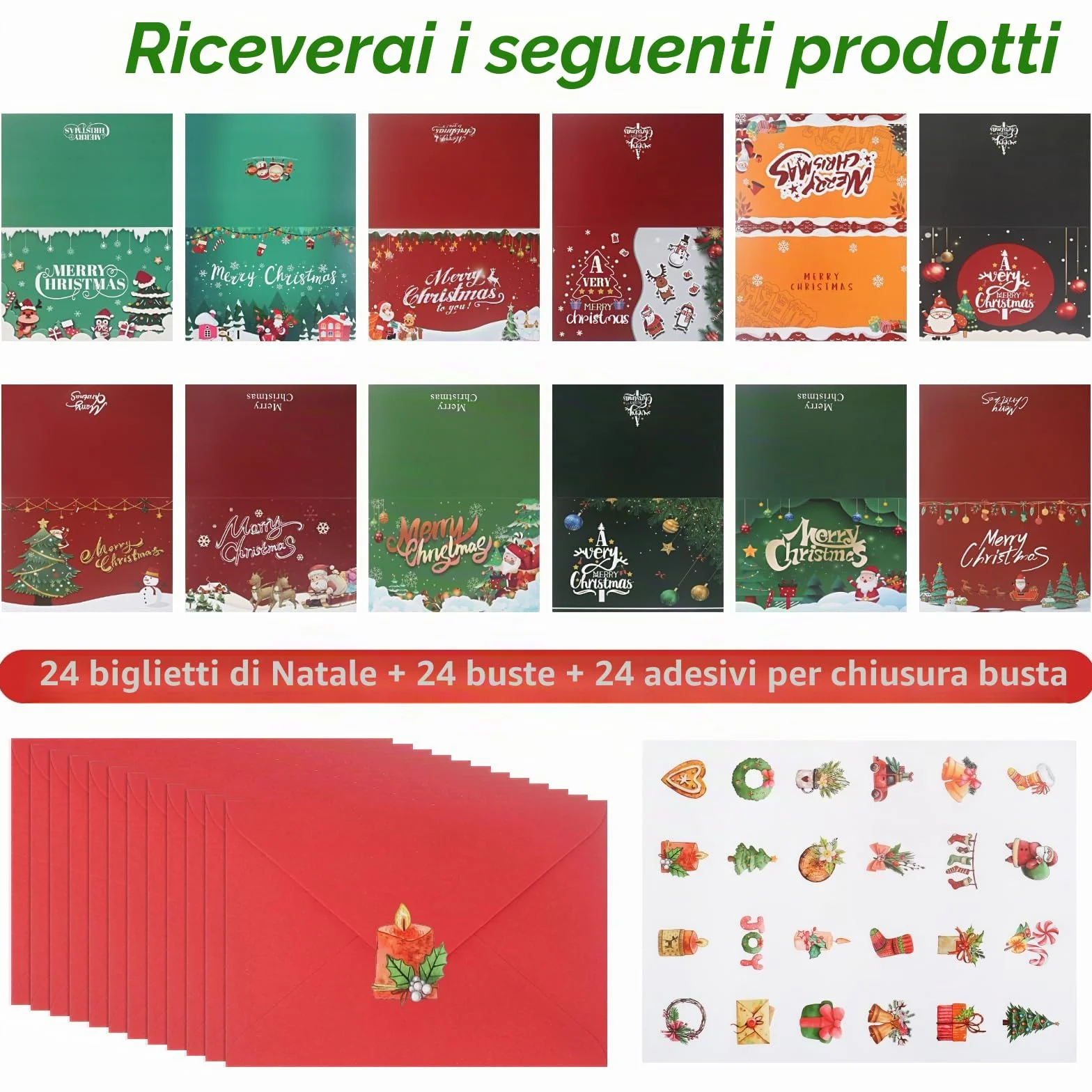Awinker 24 pezzi Biglietto Natalizio Auguri Natale 24 Biglietti + 24 Buste