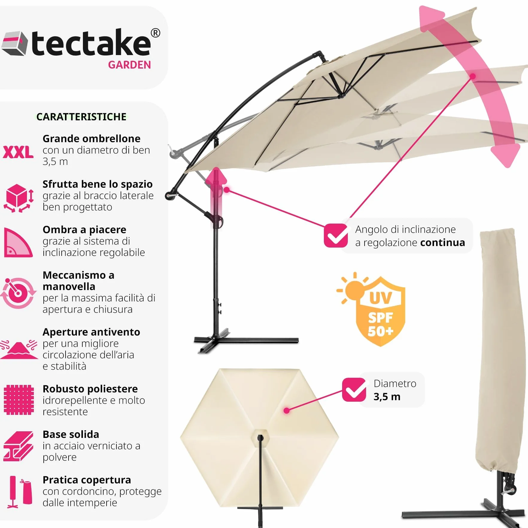 tectake® Ombrellone da Esterno con Robusta Struttura di Sostegno, Inclinabile, Idrorepellente, Resistente ai Raggi UV, Custodia Ombrellone da Giardino Inclusa