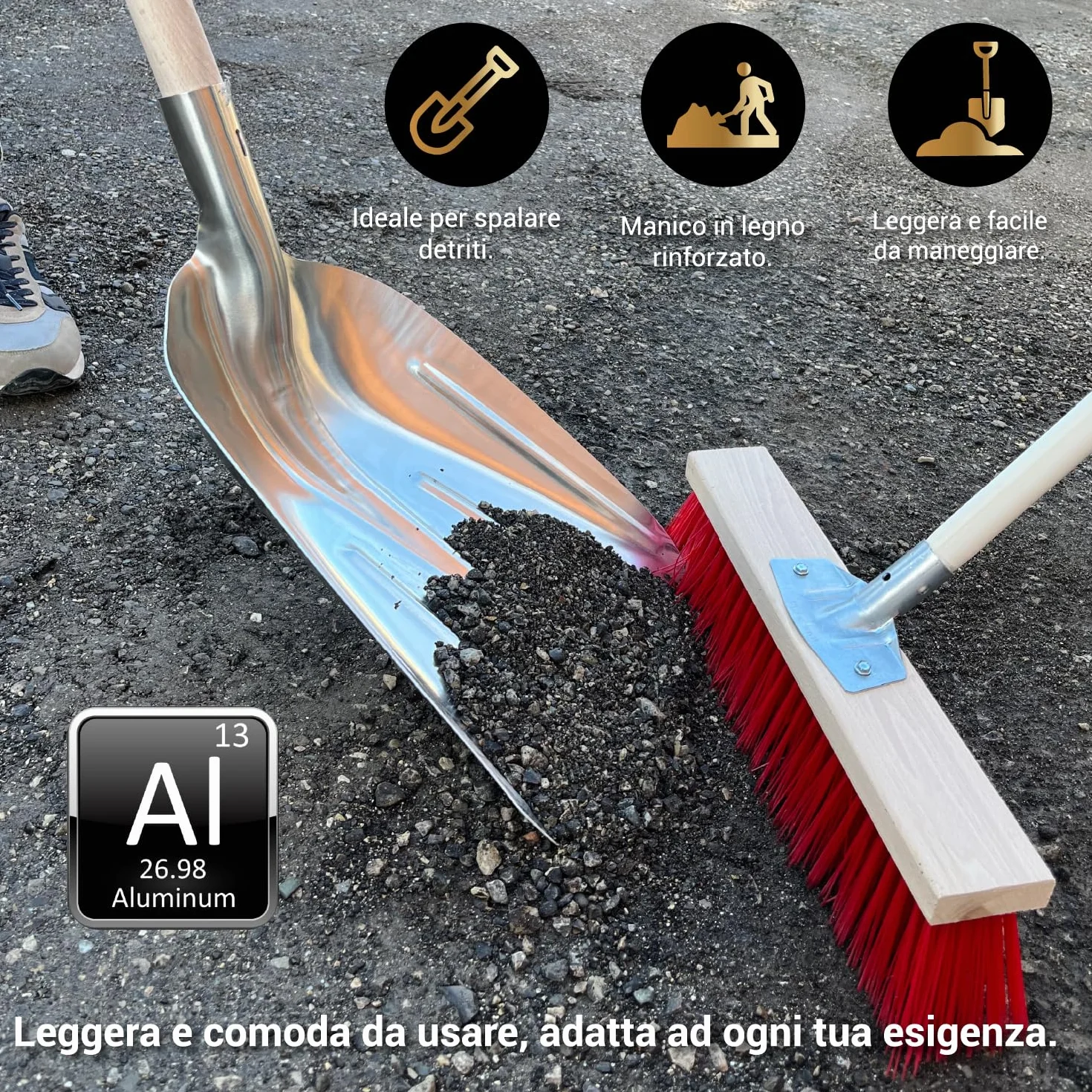 Crisalide® - Badile Super Resistente 36x49 cm con Manico in Legno - Versatile per Uso Agricolo, Giardinaggio e Lavori Pesanti, Multiuso, Pala da Neve (Alluminio)