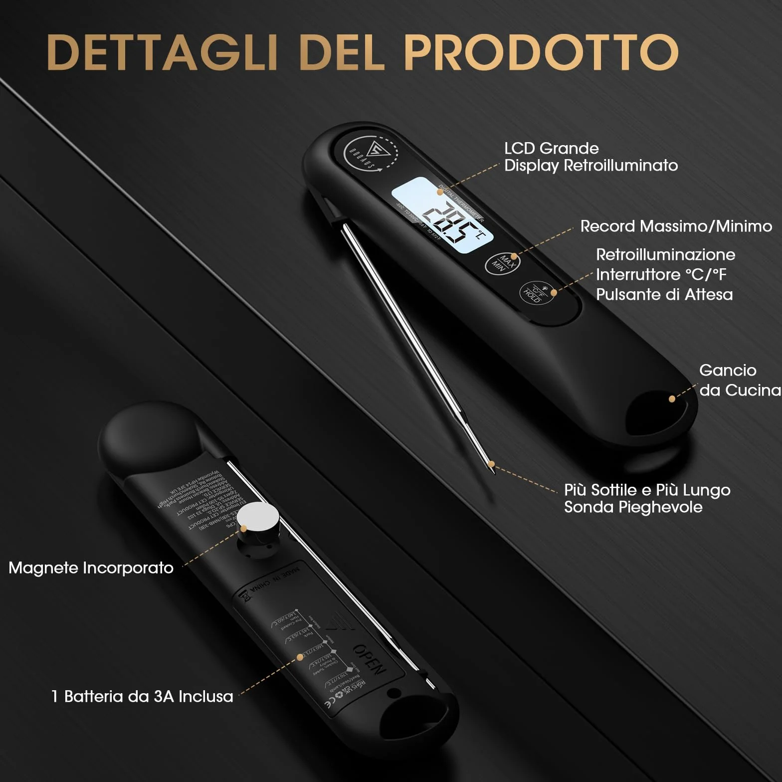 DOQAUS Termometro da Cucina Digitale, Lettura Istantanea con Sonda Pieghevole, per Carne Barbecue Alimenti