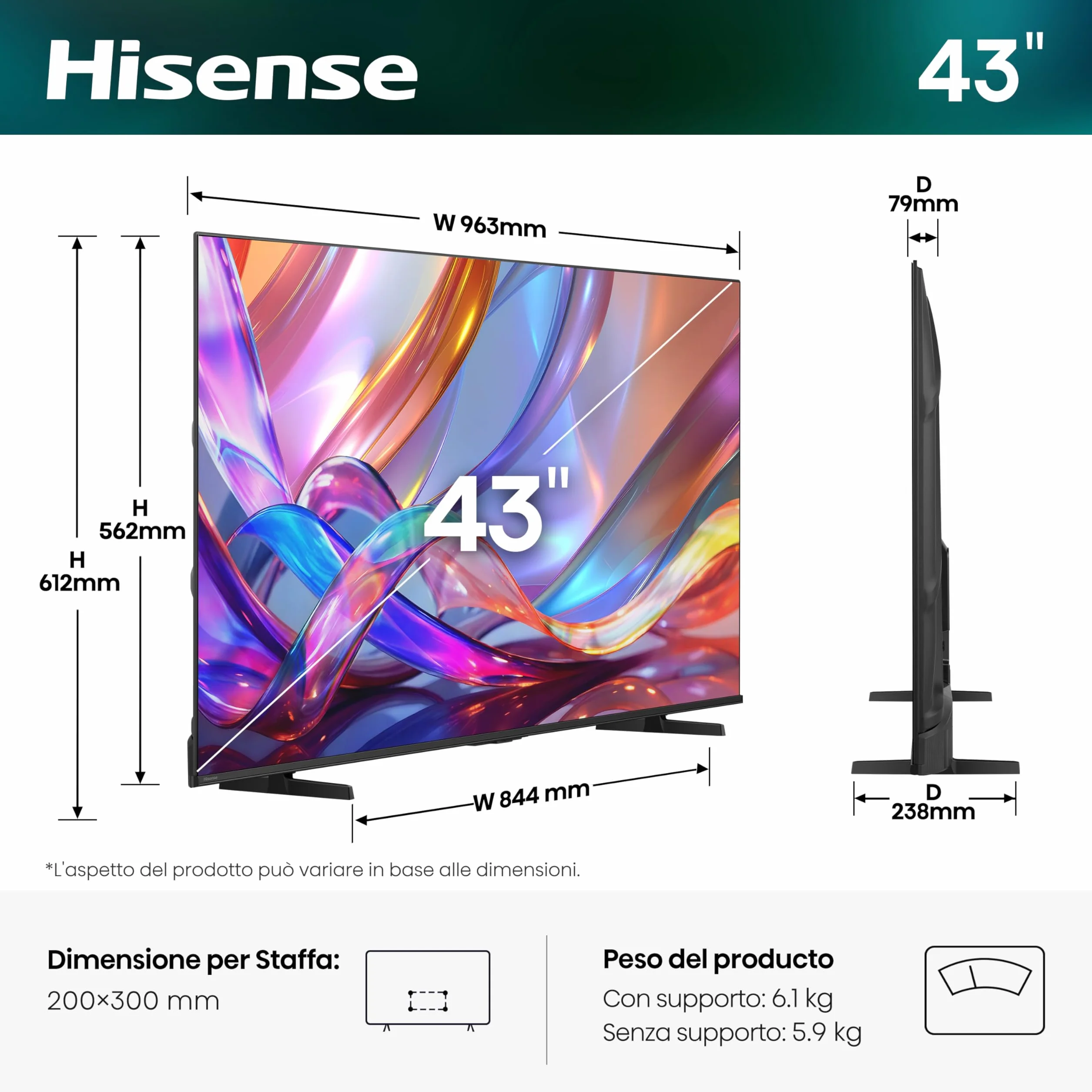 Hisense Smart TV QLED 43" 4K 43E7DS, 60Hz, Dolby Atmos, VIDAA OS, Dolby Vision IQ, HDR 10+