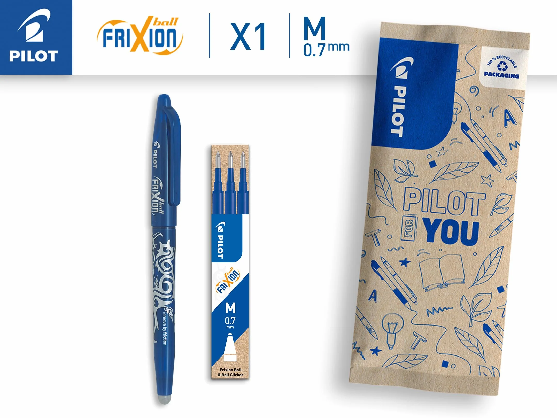 PILOT FriXion Ball 07 Penna a Inchiostro Termico Cancellabile Ricaricabile Blu Punta Media Set con Ricariche