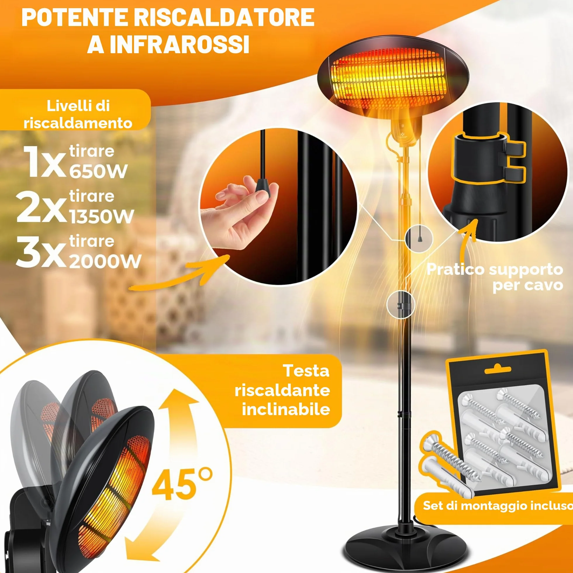 KESSER Riscaldamento radiante 2000 Watt infrarossi da terra regolabile in altezza