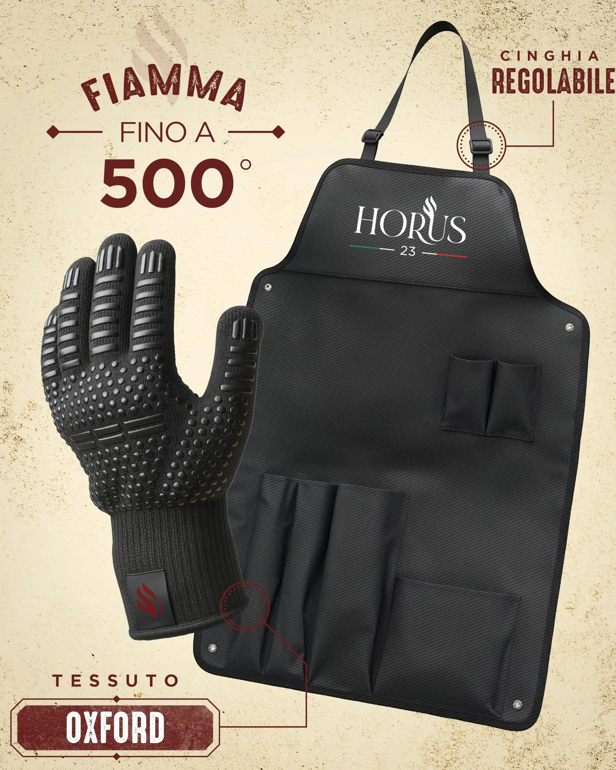 HORUS 23® Set Barbecue con Guanto Ignifugo, Tappetino Griglia e Grembiule Oxford Acciaio Inox
