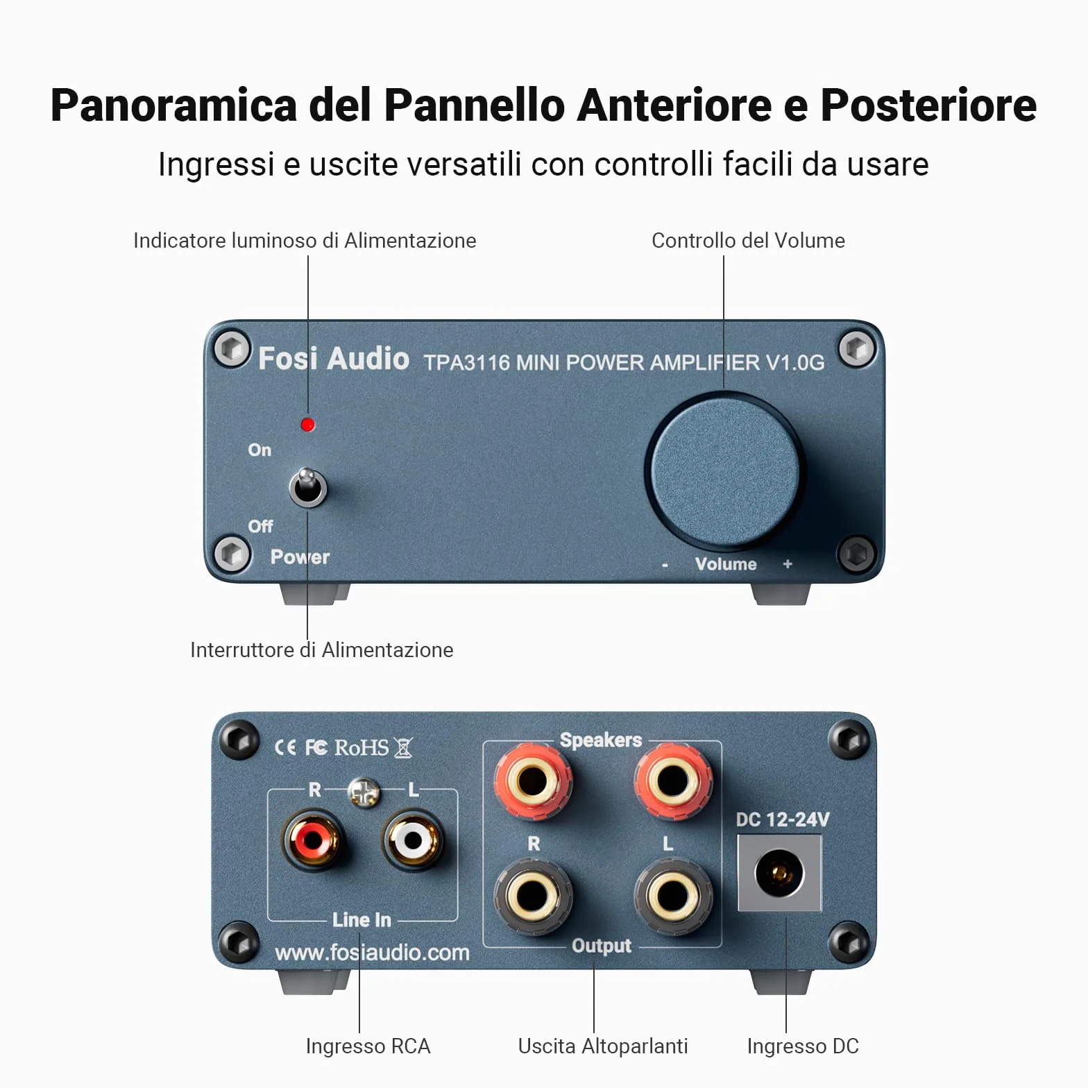 Fosi Audio V1.0G Amplificatore Audio 50Wx2 2.0 Canali Class D TPA3116D2 Mini HiFi Stereo Integrato