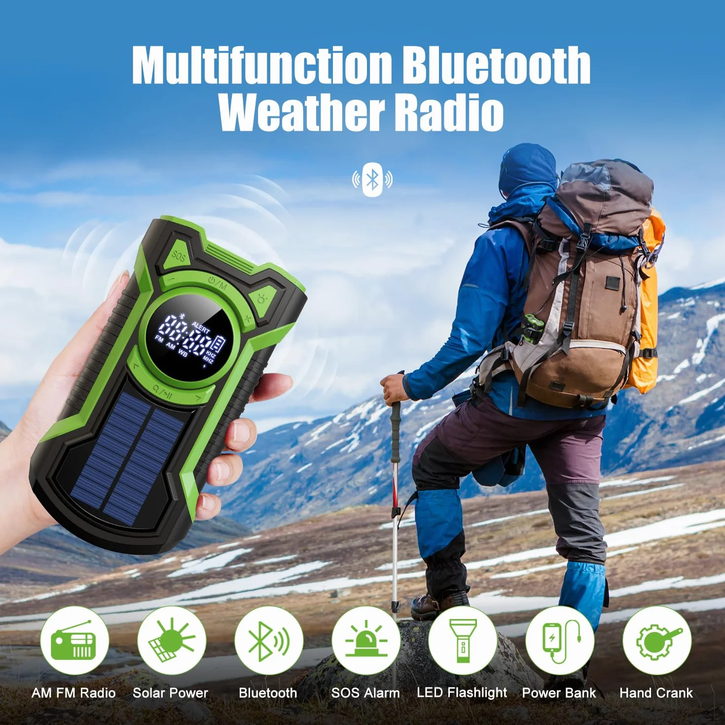 Radio di Emergenza 5000 mAh, Solare Impermeabile Bluetooth, Power Bank a Manovella con Torcia LED SOS
