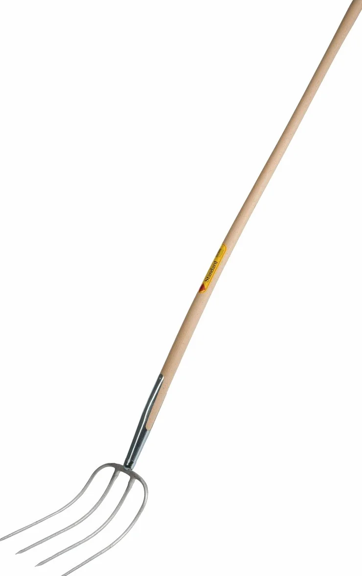 Forca per letame Kerbl Abt Standard (Forca con manico in legno, 4 rebbi, forca per letame in acciaio forgiato, lunghezza manico 135 cm, corpo forca laccato argento) 50103