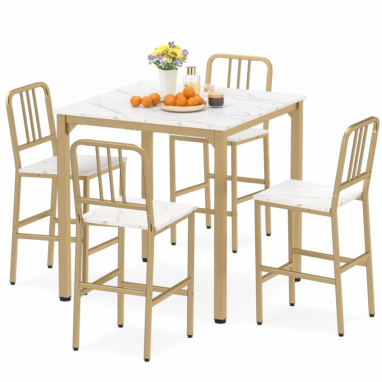 COSTWAY Set da Pranzo per 4 Persone, Set Cucina Bar 5 Pezzi con Superficie in Finto Marmo, Tavolo Quadrato in Legno e 4 Sgabelli Alti per Angolo Colazione e Sala da Pranzo (Bianco)
