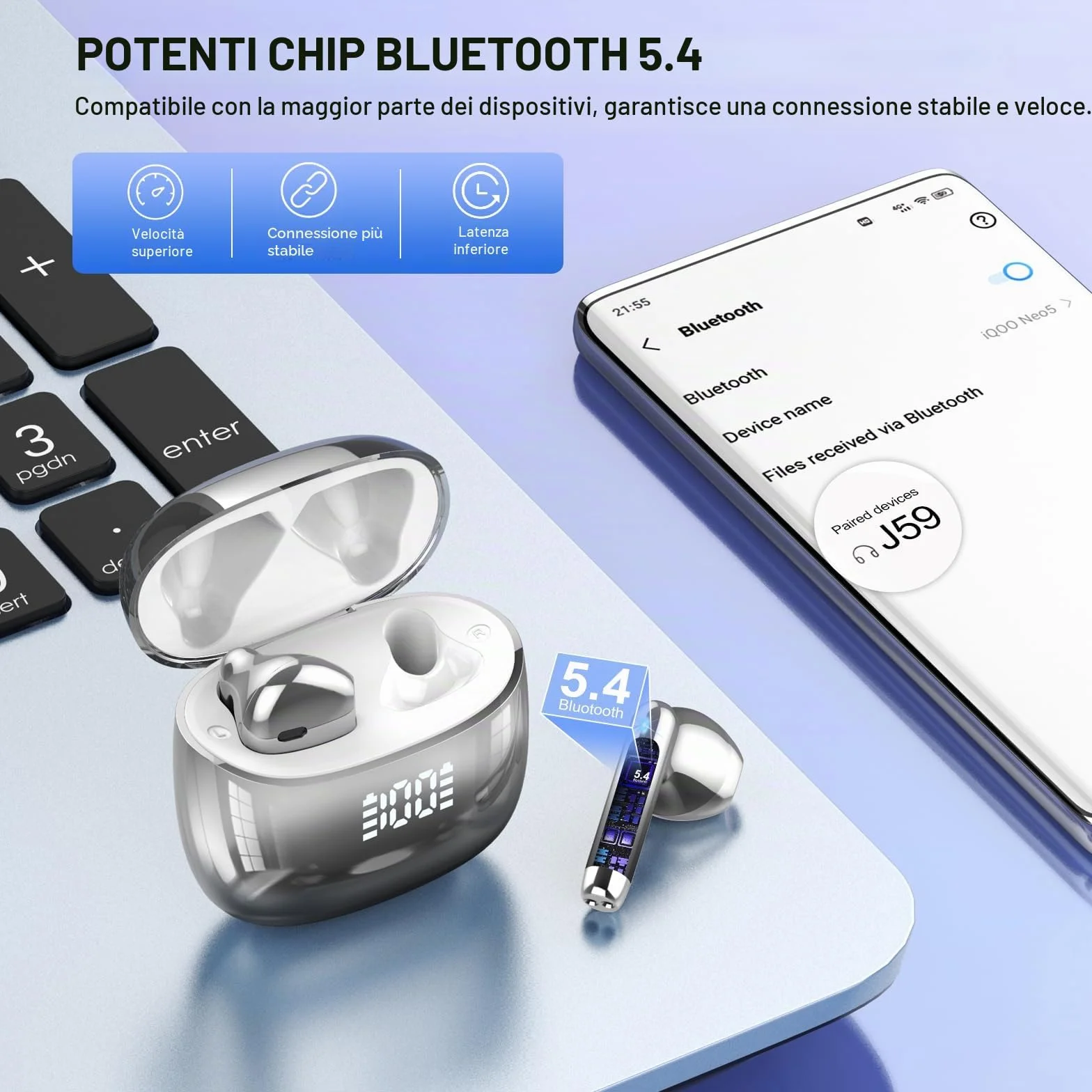 Cuffie Bluetooth 5.4 con Driver 14.2mm, IP7 Impermeabili, 40H Display LED, Nero