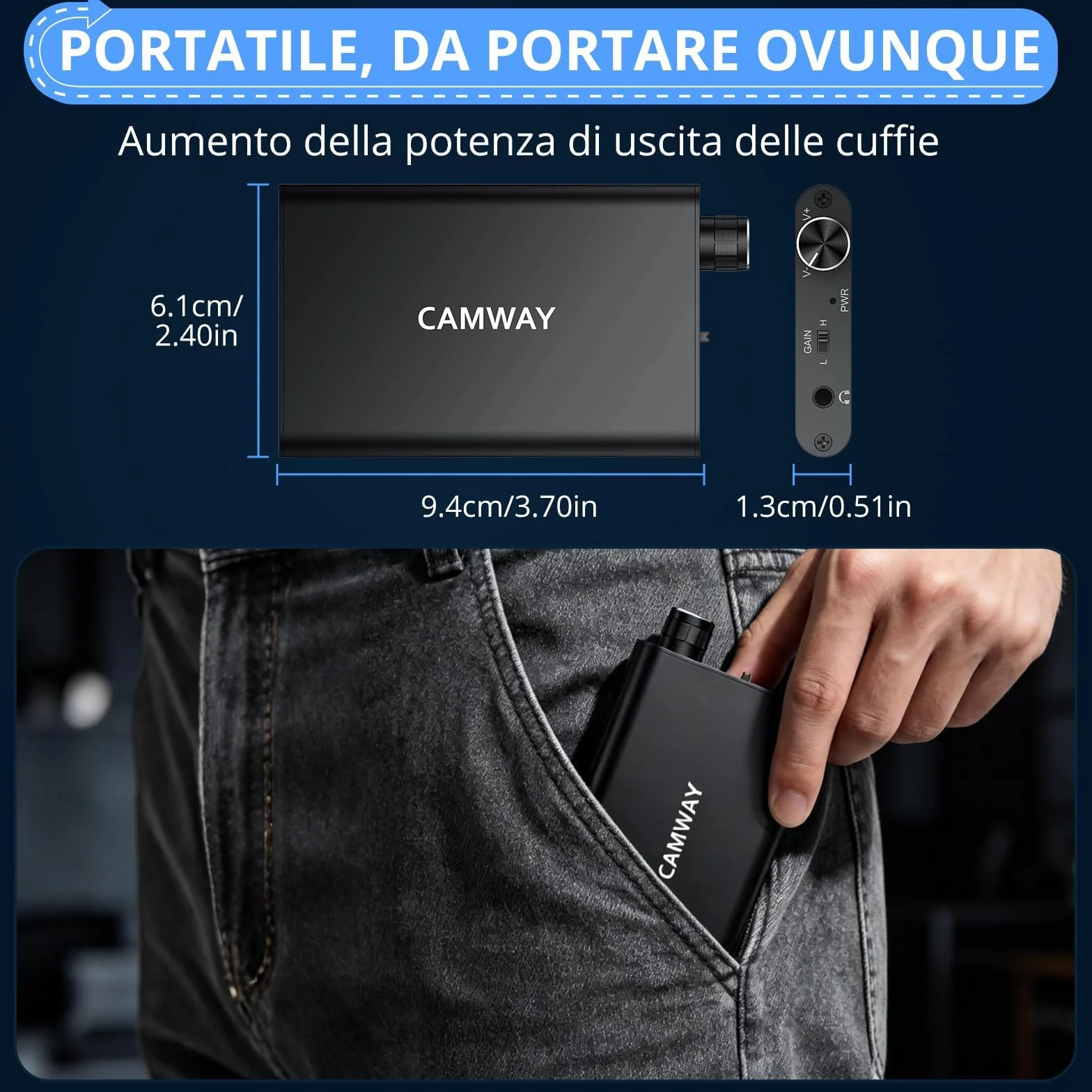 Amplificatore per Cuffie Hi-Fi Portatile Ricaricabile 16-300Ω Due Livelli di Guadagno Manopola Volume Ingresso/Uscita 3,5 mm