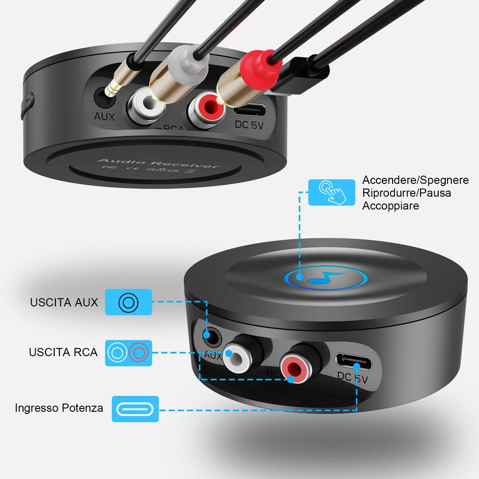 Ricevitore Bluetooth 5.2 HiFi, Adattatore AUX per Stereo Casa, Jack 3,5mm RCA, Audio HD Bassa Latenza