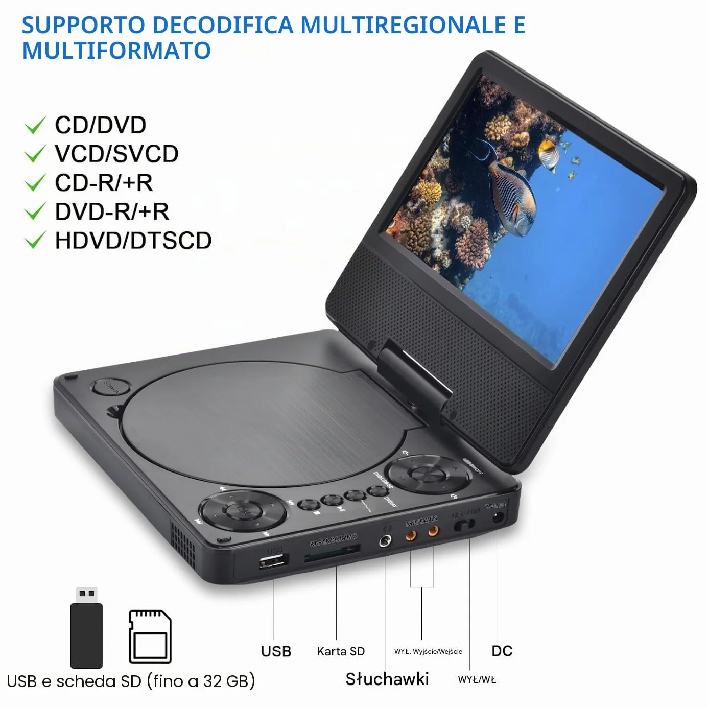 YOOHOO Mini lettore DVD portatile 9,5" schermo girevole HD 7,5" multi regione per auto bambini