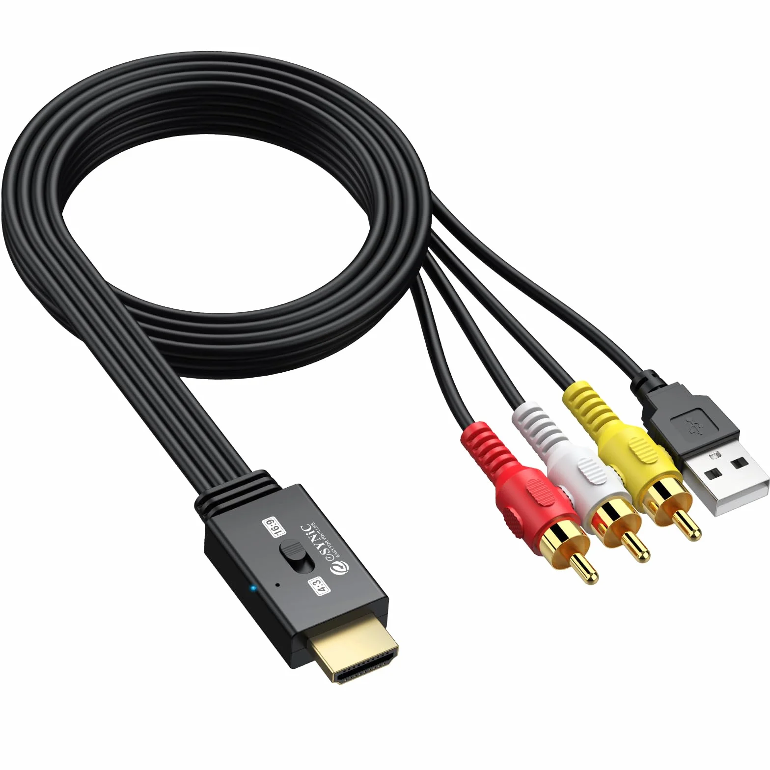 eSynic 1080P Convertitore RCA Maschio a HDMI Maschio con Cavi Integrati 150cm, Adattatore Audio Video CVBS a HDMI, Supporta 3D, per VCR VHS DVD