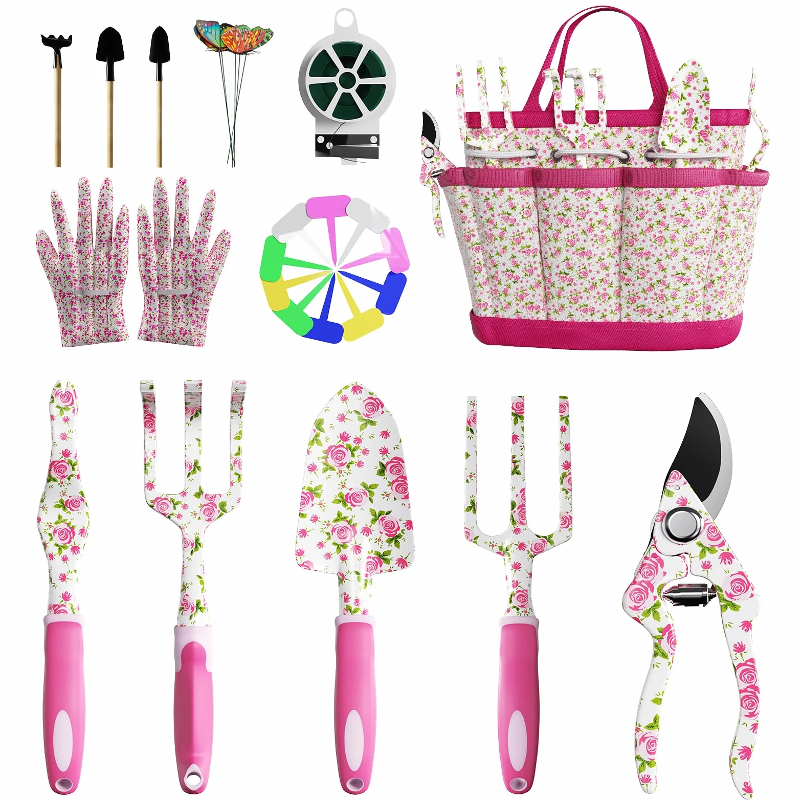 MYMULIKE Set di attrezzi da giardinaggio per donne, 26 pezzi, kit da giardino floreale con scatola regalo, guanti e borsa, regali per mamma, signora, Natale, compleanno