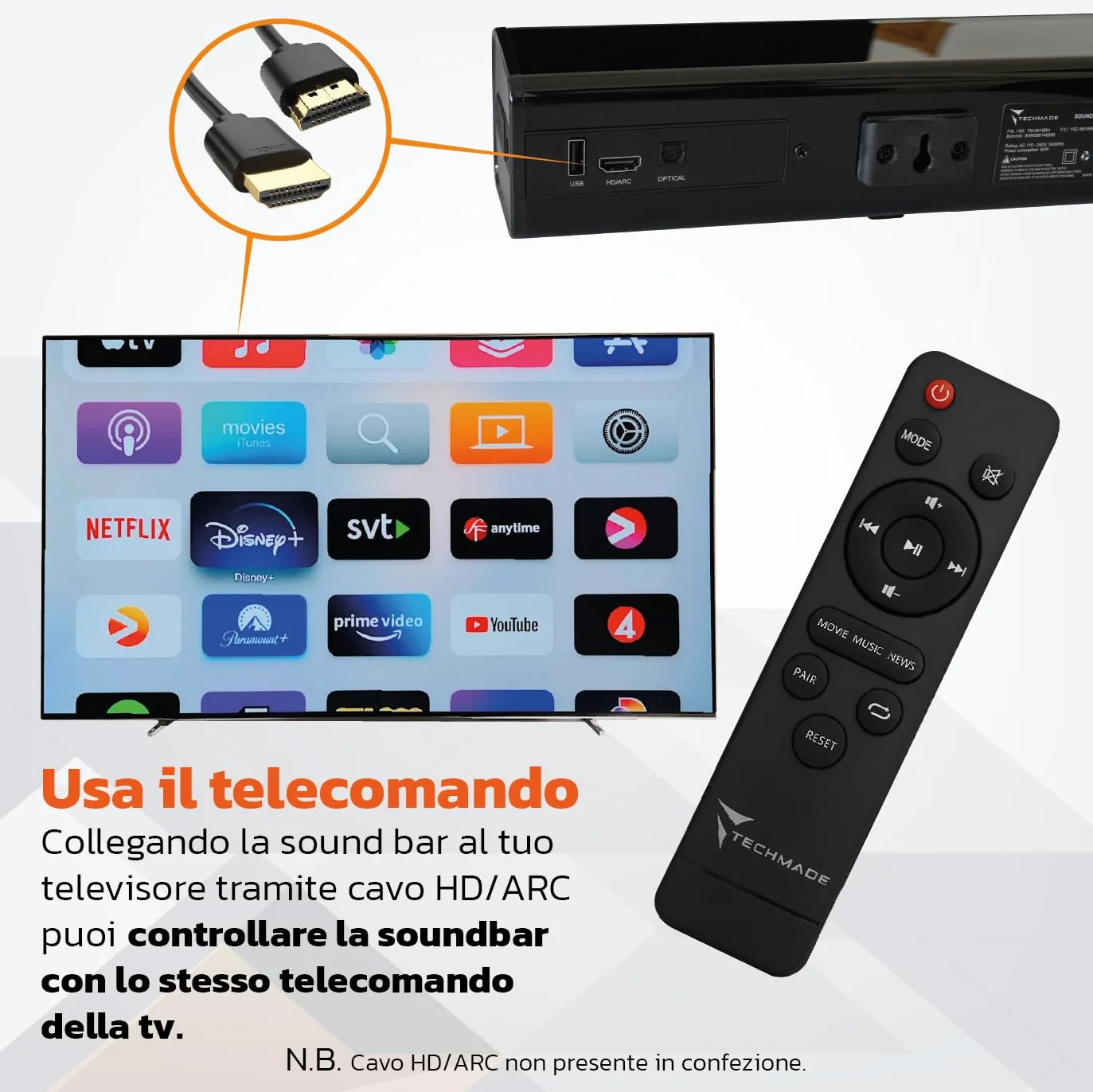 TECHMADE Soundbar TV 2.0 Bluetooth 120W HDMI ARC USB AUX Ottico Audio Potente Bassi Profondi Compatta