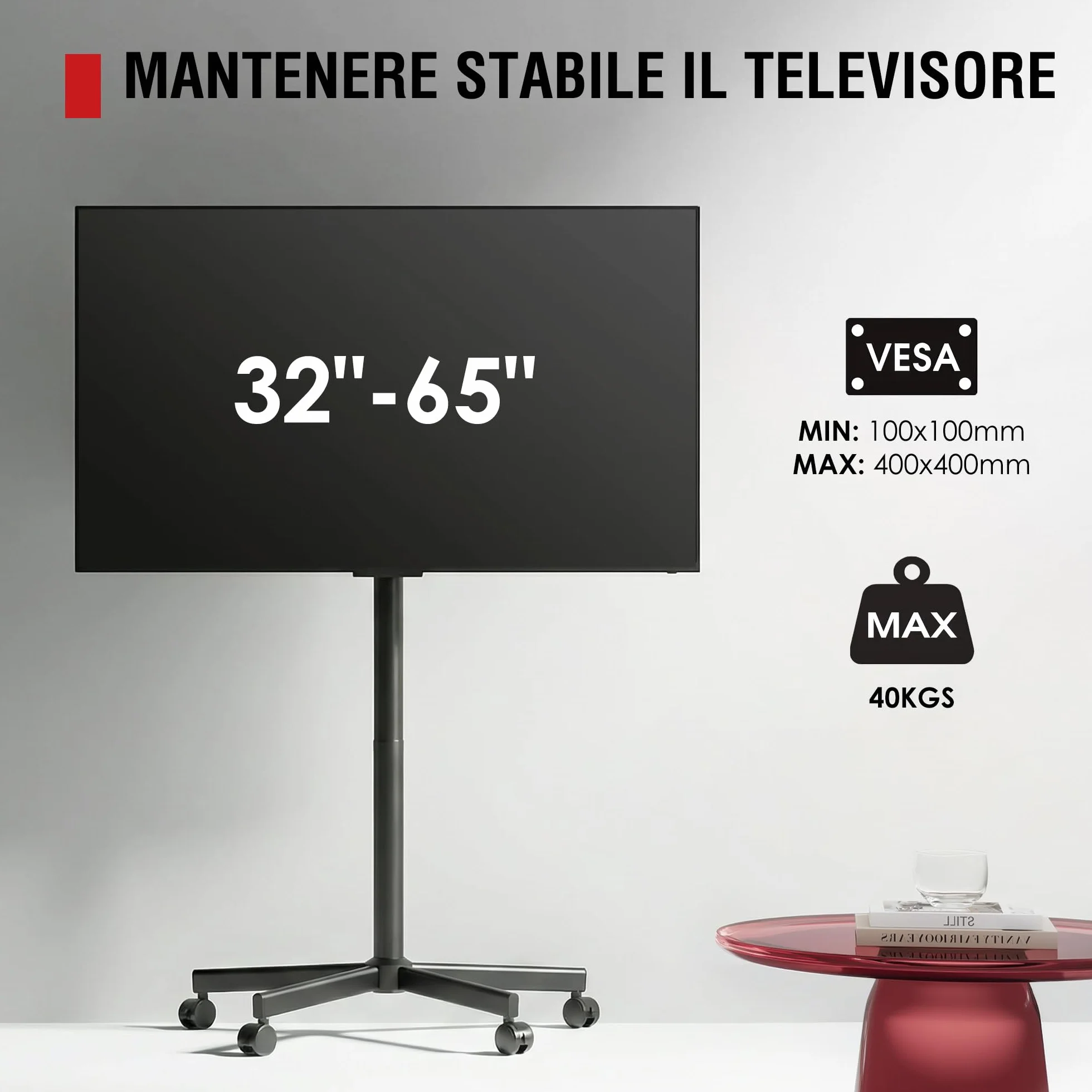 AOKCOS Carrello Porta TV 32-65 Cali, Supporto TV da Pavimento Regolabile, Inclinabile, VESA 400x400mm 40kg