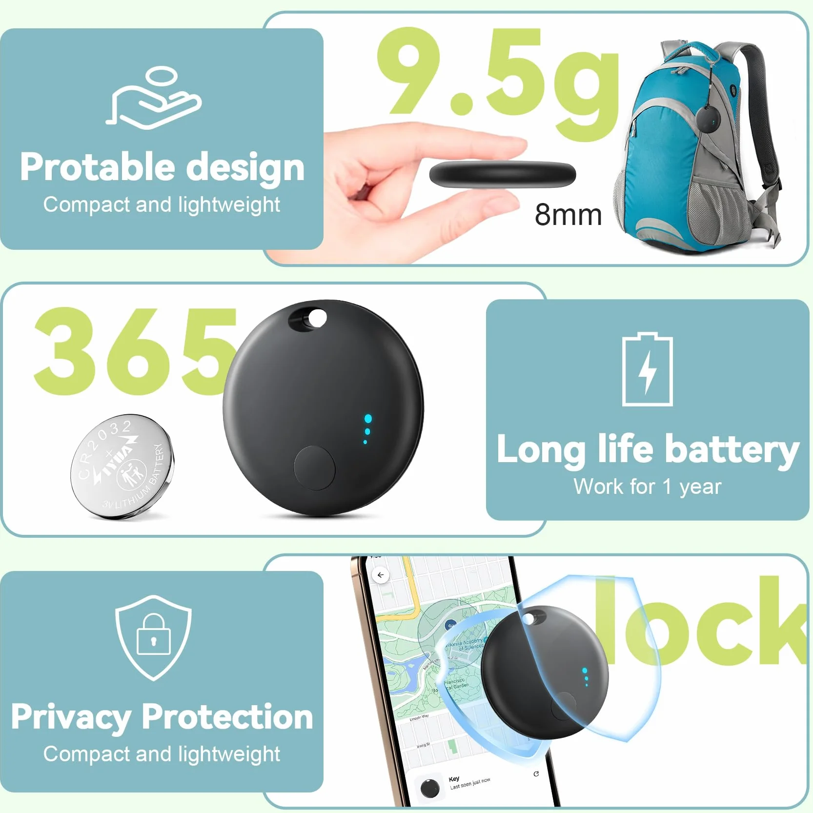 Air Tracker Android 4 PCS Smart Tracker Tag GPS Localizzatore Chiavi Bluetooth Tracker Portafogli Zaini Animale Nero