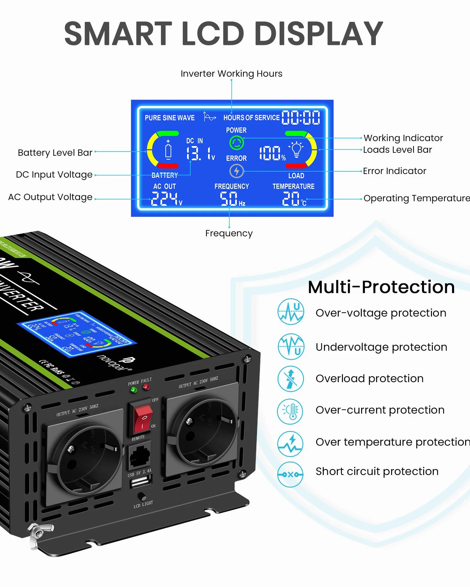 NOVOPAL 1000W Pure Sine Wave Power Inverter DC 12V to AC 220V with LCD Display USB EU Plug Remote Control for Truck Camper Car