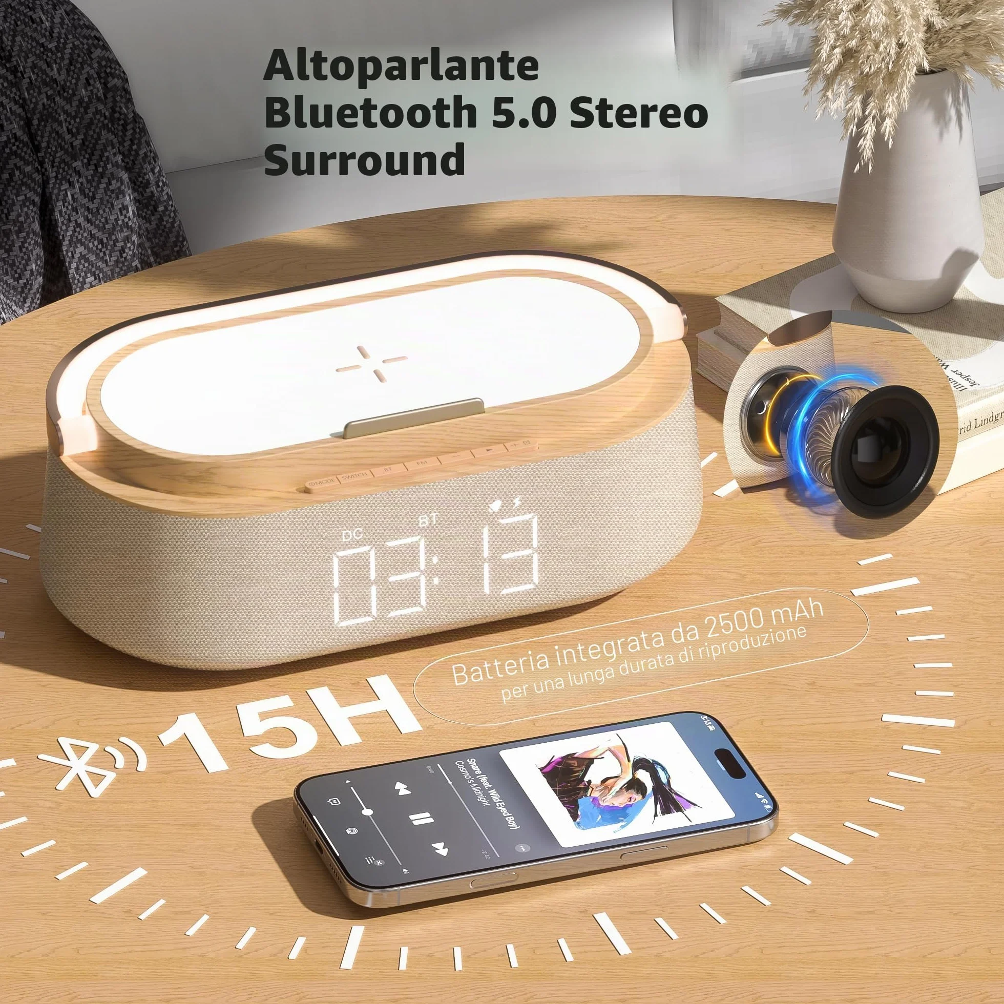 COLSUR Radiosveglia Digitale con Ricarica Wireless, Radio FM Sveglia con Allarme, Bluetooth Speaker, USB Luce Notturna, Display LED