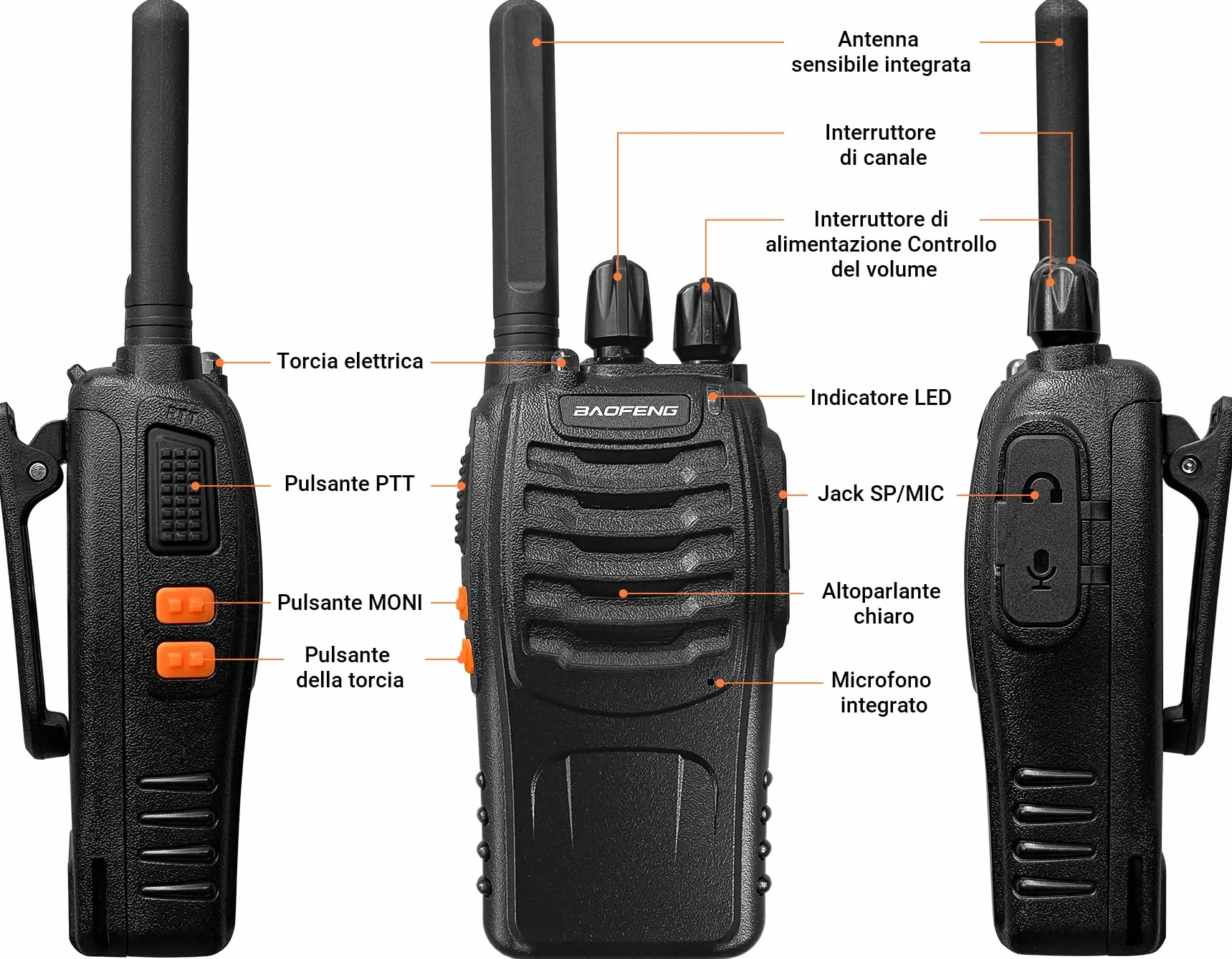 BF-88X Walkie Talkie PMR446 16 canali lunga portata con caricatore USB e auricolari