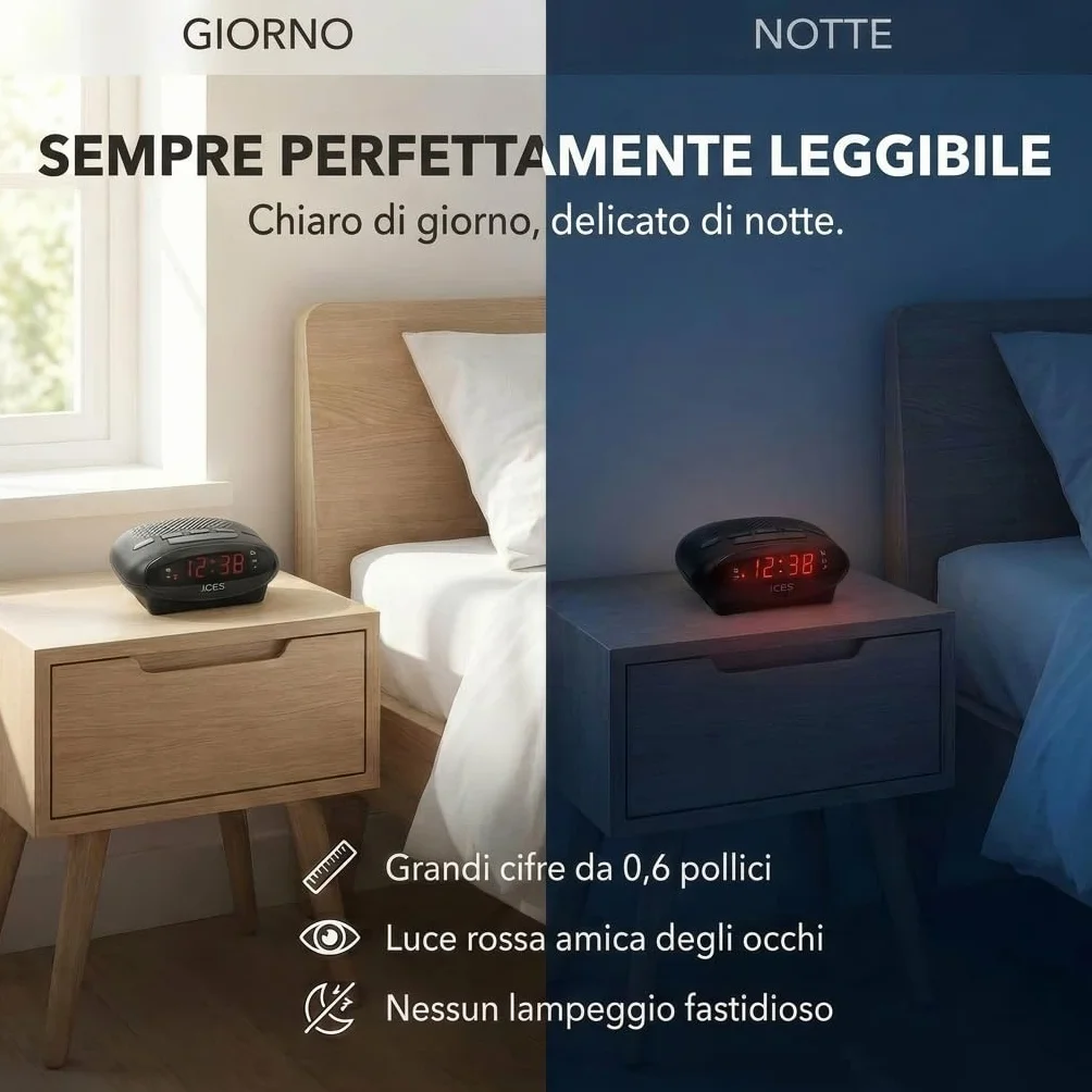 Ices ICR-210 Nero Radiosveglia FM PLL Design Moderno