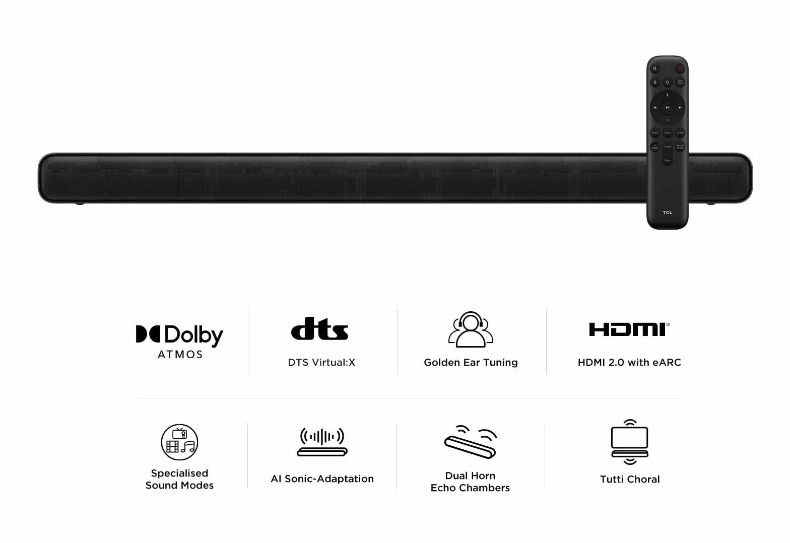 TCL S45HE Soundbar 2.0 100W Dolby Atmos DTS Virtual:X Bluetooth 5.2 HDMI eARC