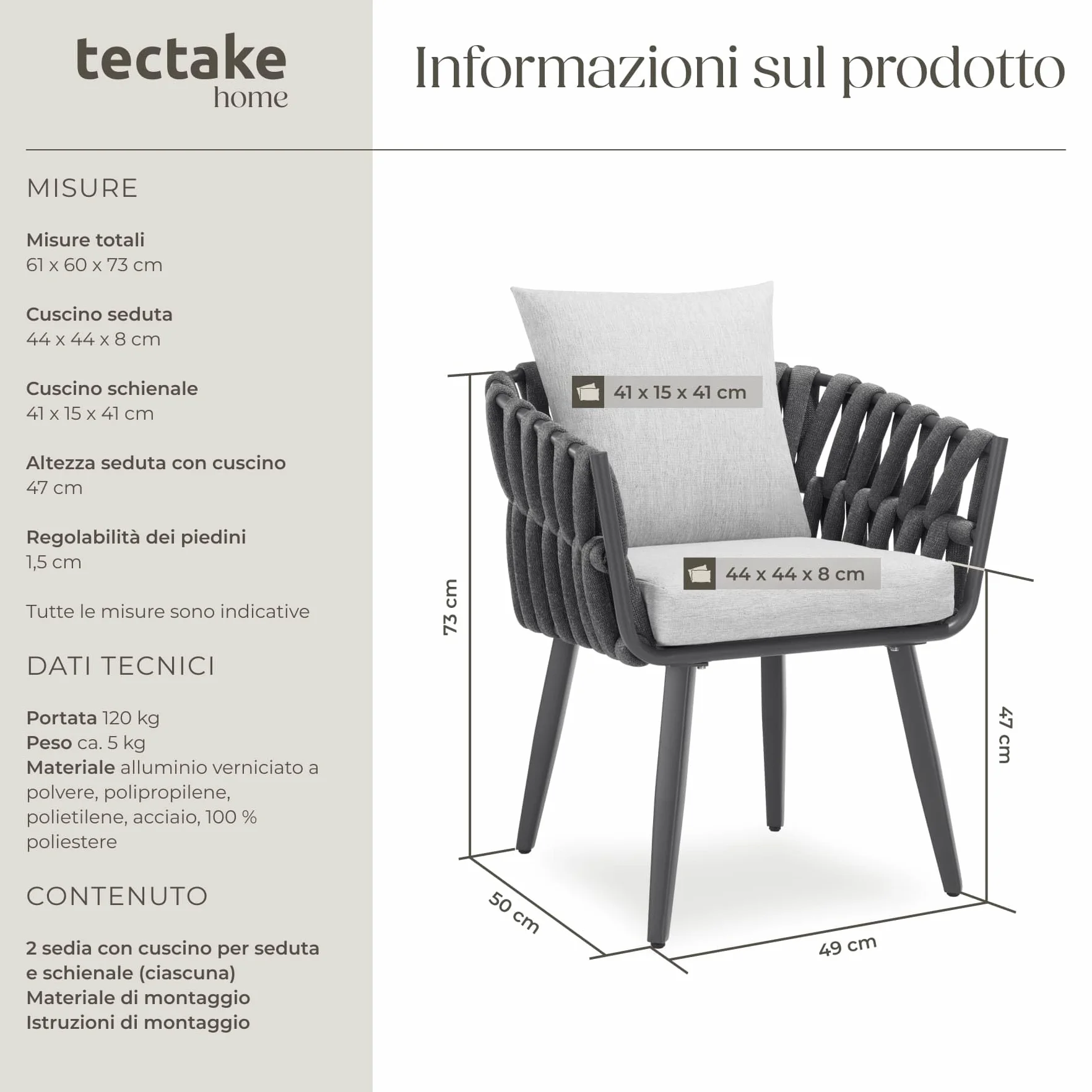 tectake® Set di 2 Sedie da Giardino, Design a Corda, Struttura in Alluminio, Cuscini Extra Spessi e Super Morbidi, Rivestimenti Idrorepellenti e Lavabili, Piedini Regolabili in Altezza - Antracite