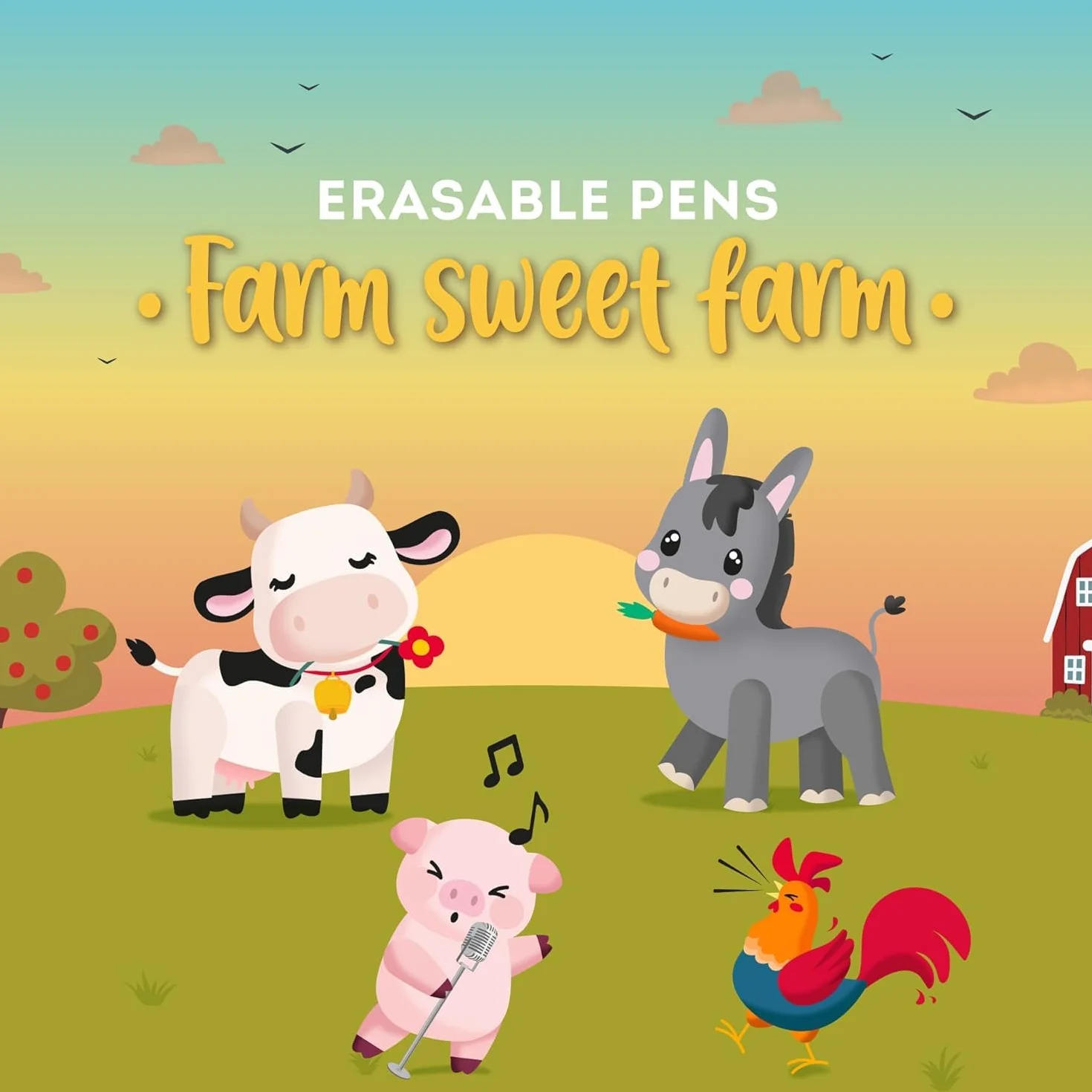 Legami Set di 4 Penne Gel Cancellabili Farm Sweet Farm, Inchiostro Termosensibile, Punta 0,7 mm, Nero Rosa Verde Rosso
