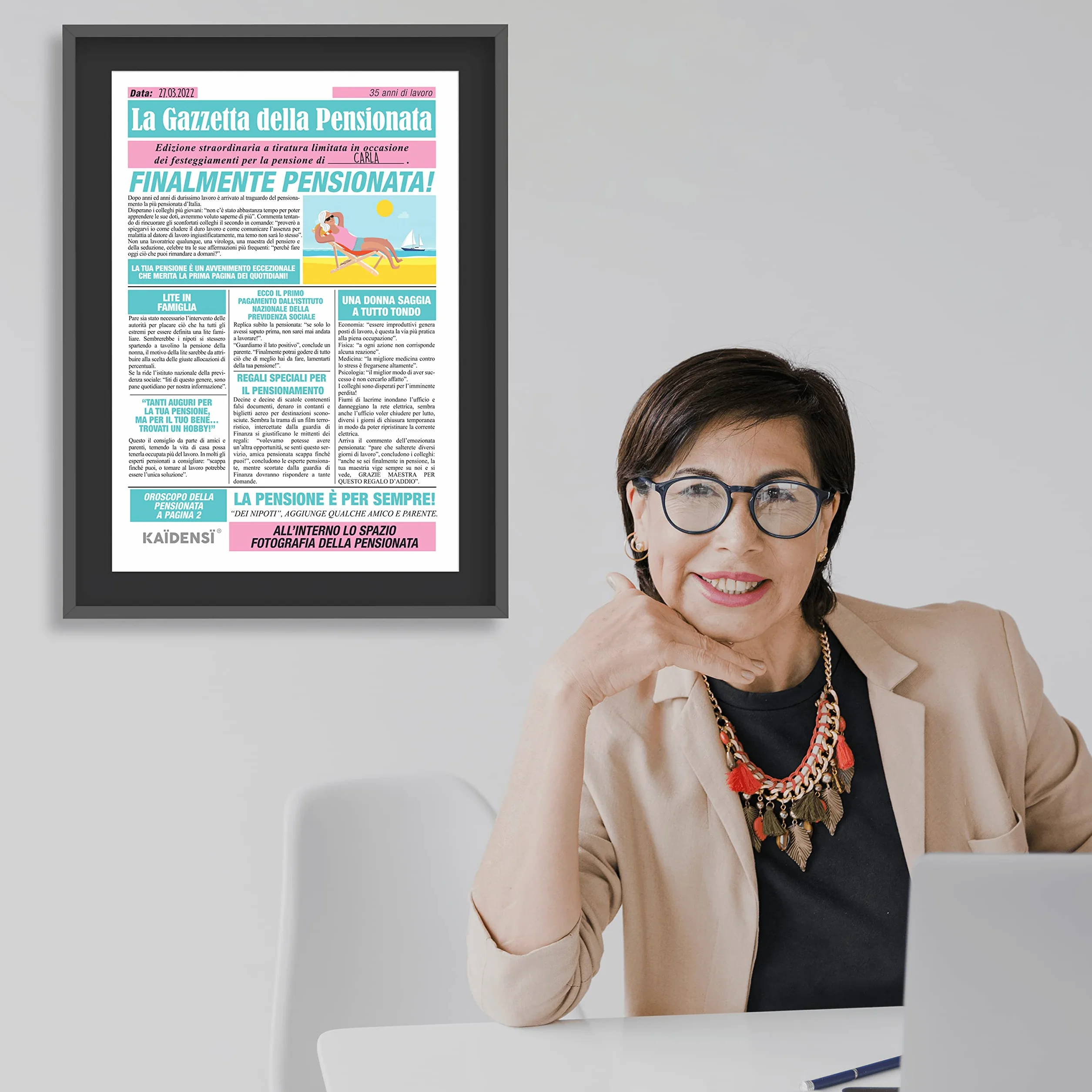 La Gazzetta della Pensionata Maxi Biglietto di Auguri Pensionamento Divertente Donna
