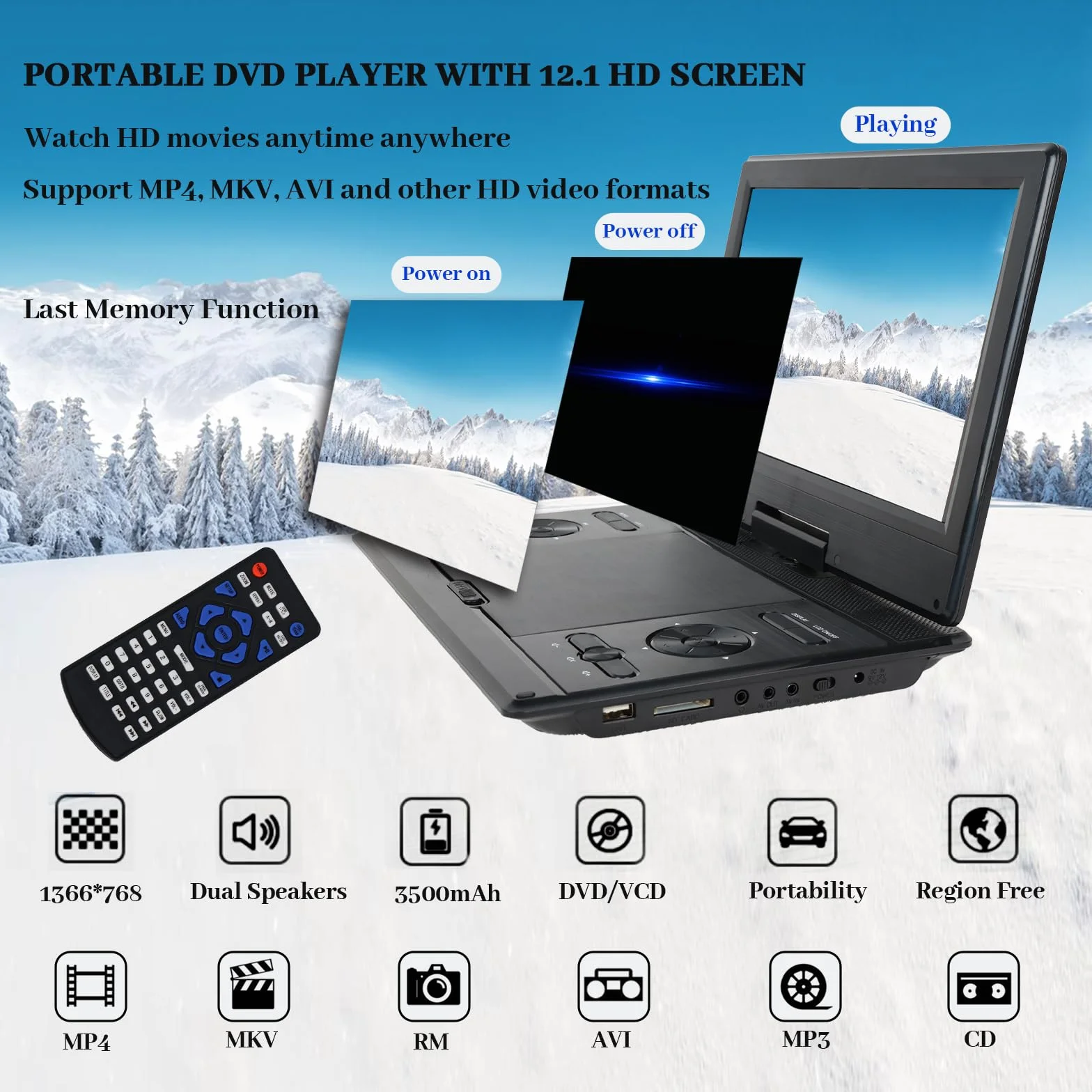 YOOHOO Lettore DVD portatile 14,9" schermo HD 12,1" batteria ricaricabile USB SD AV Sync TV proiettore nero