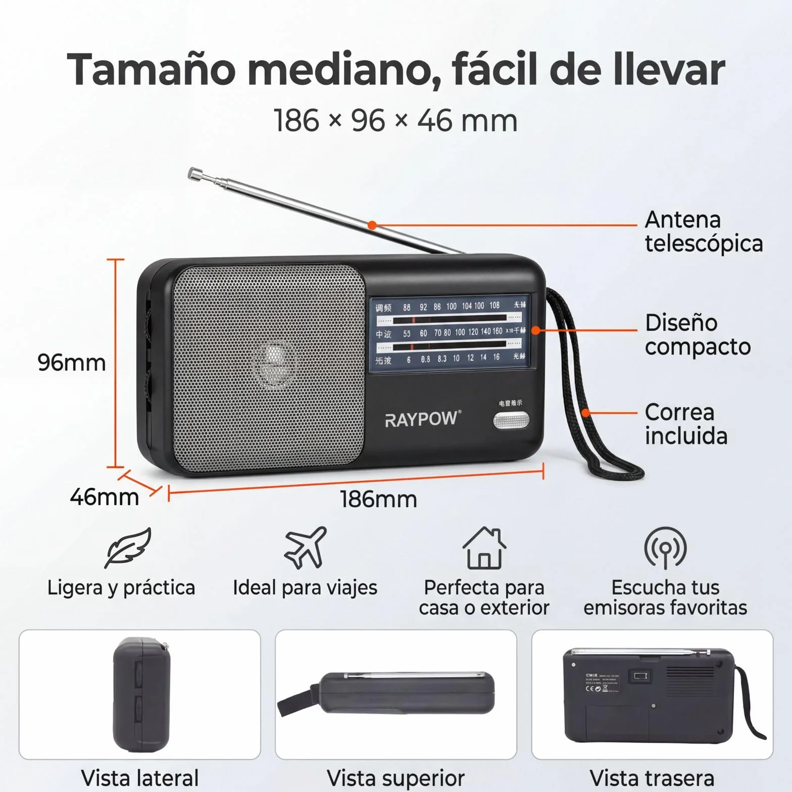 Radio portatile FM AM SW8~SW18 3 bande transistor, altoparlante potente, funziona con 2 batterie AA