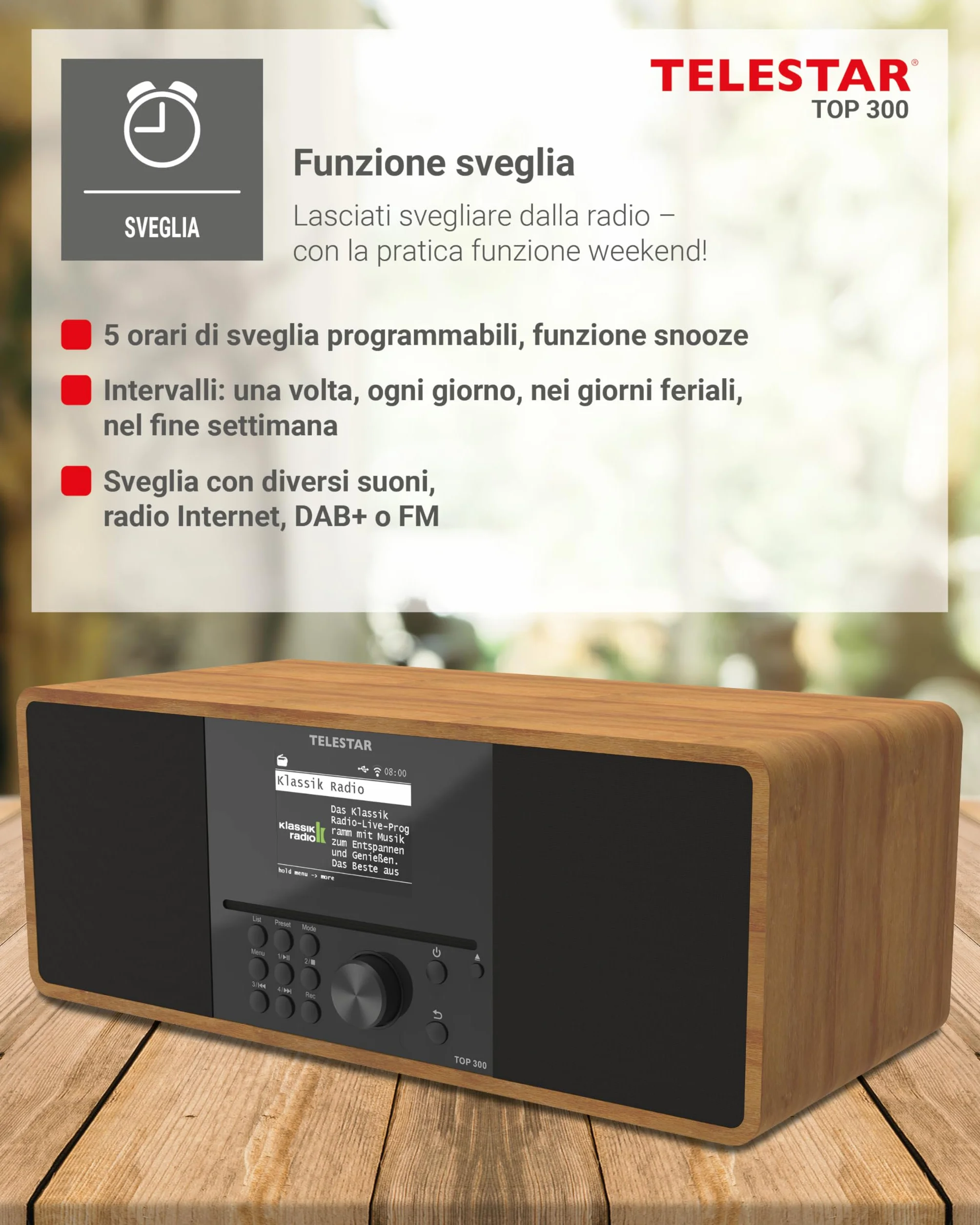 TELESTAR TOP 300 Radio DAB+/Internet con lettore CD stereo 2x15W Bluetooth Audio-Streaming Legno