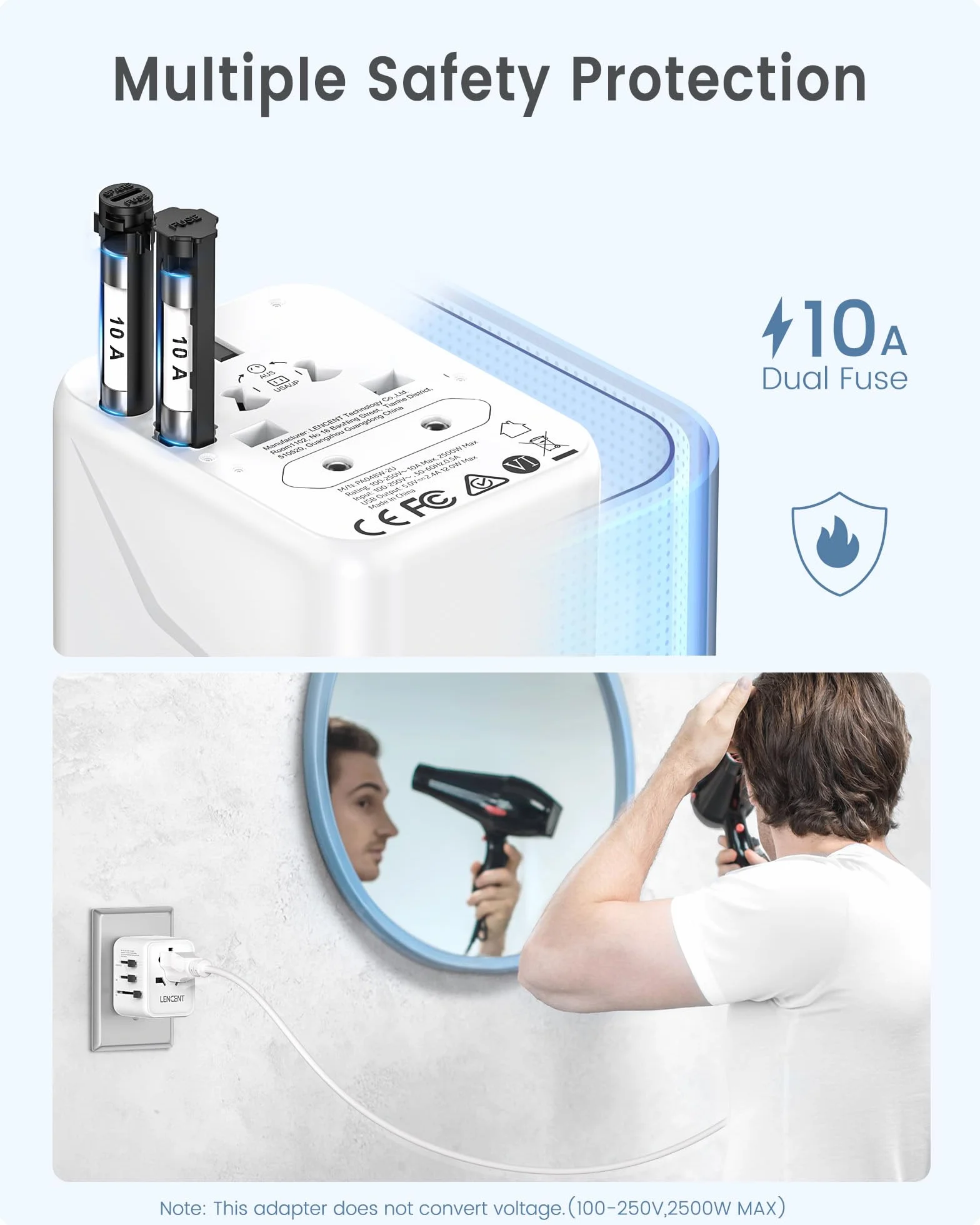 LENCENT Adattatore Spina Universale da Viaggio con 2 Porte USB Bianco per Europa/USA/UK/AUS