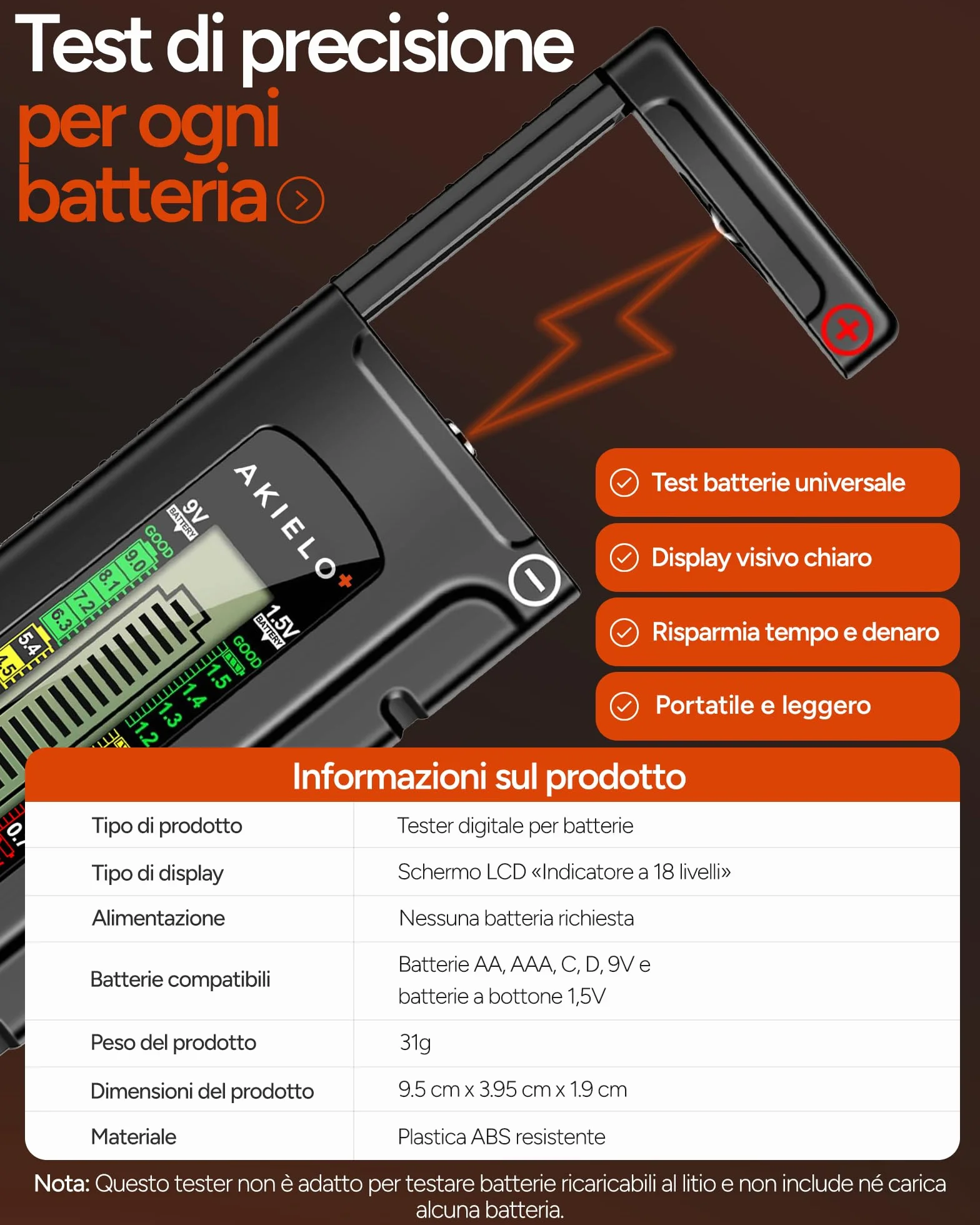 AKIELO+ Tester Digitale per Batterie AA AAA C D 9V 1,5V Pila a Bottone con Display LCD