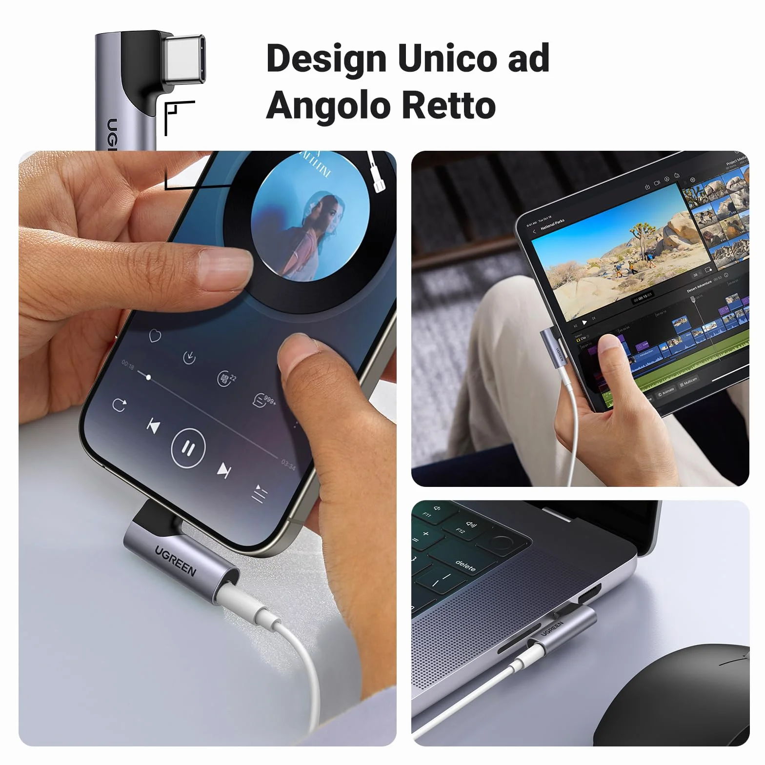 UGREEN Adattatore USB C a Jack 3.5mm 90 Gradi con DAC Chip Compatibile con iPhone 17 Pro Max Air Galaxy S25 Ultra Pixel 9 Xiaomi Gray