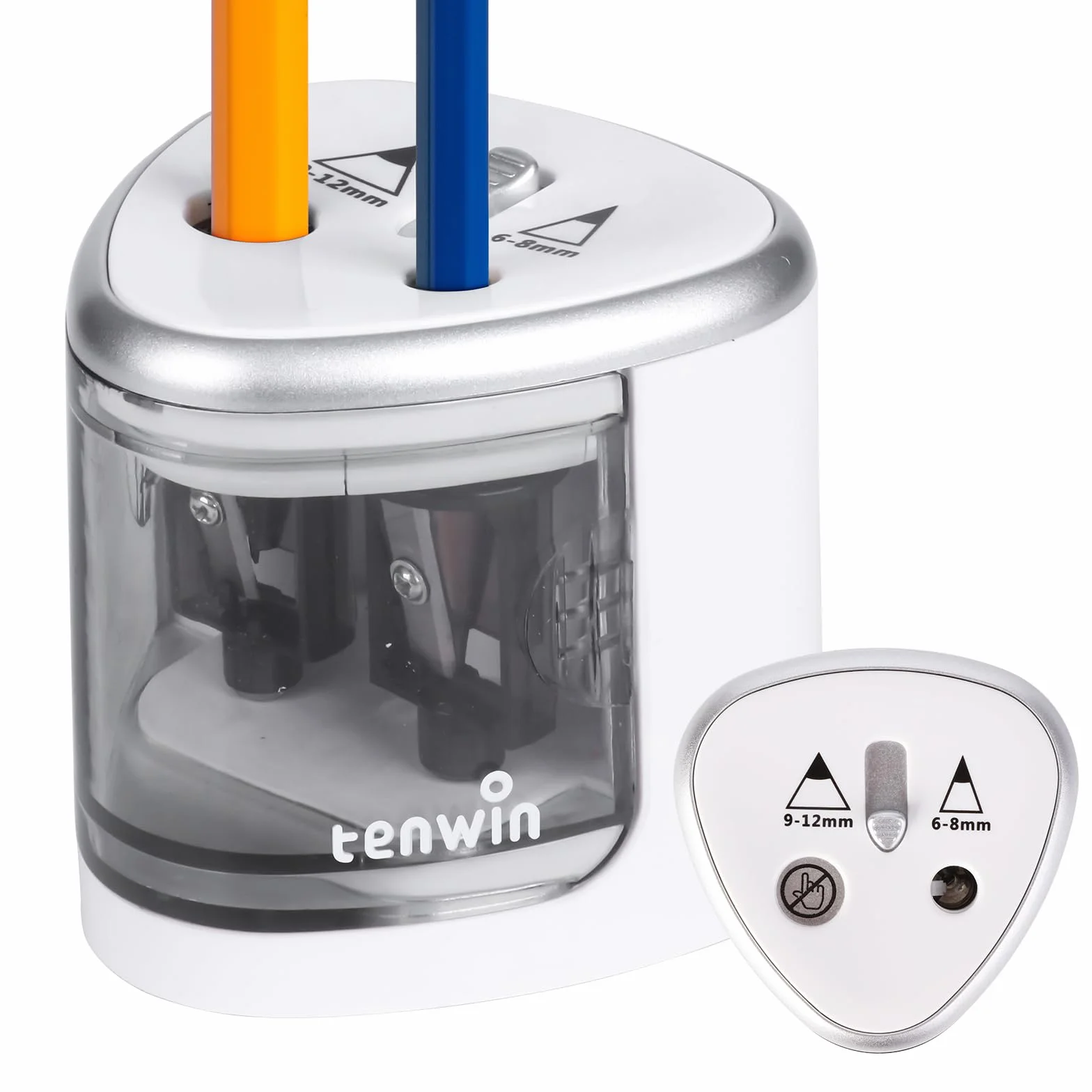 Tenwin temperamatite elettrico a batteria doppio foro per matite 6-12 mm No.2, lama durevole, argento