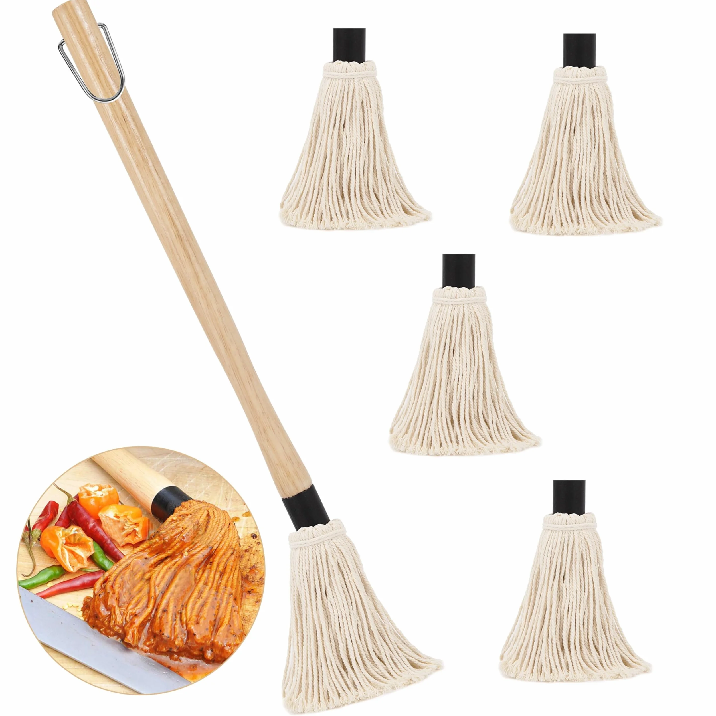 Pennelli per Barbecue Legno, Spazzole Mocio per Salsa Barbecue Marinate con Manico in Legno, Pennelli Cucina Testa in Cotone Lavabile con 4 Testine di Ricambio, per Arrostire e Grigliare
