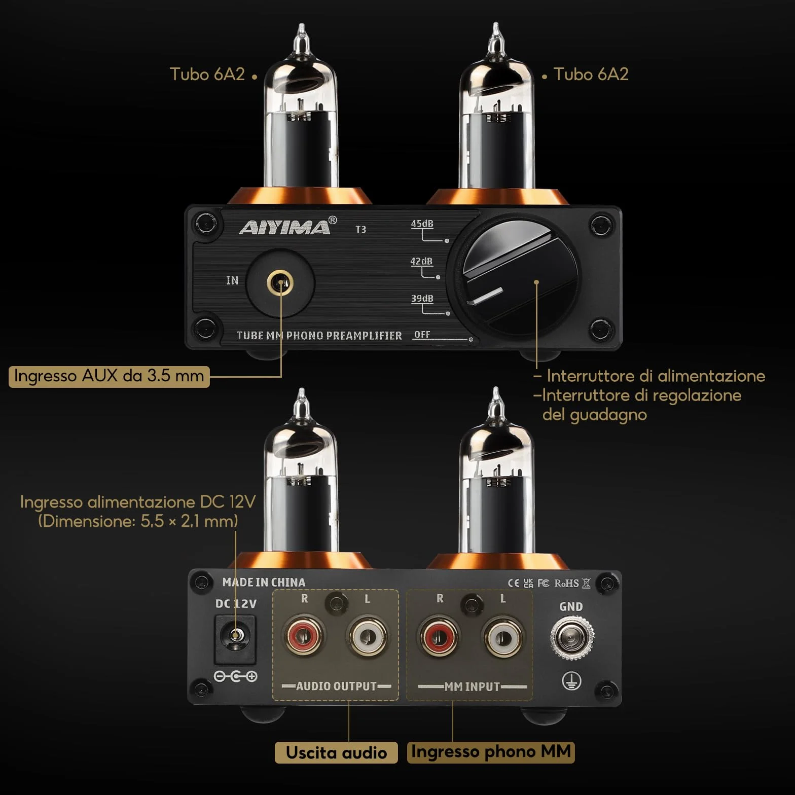 AIYIMA T3 Tube MM Phono Preamplificatore HiFi Stereo Audio per Giradischi