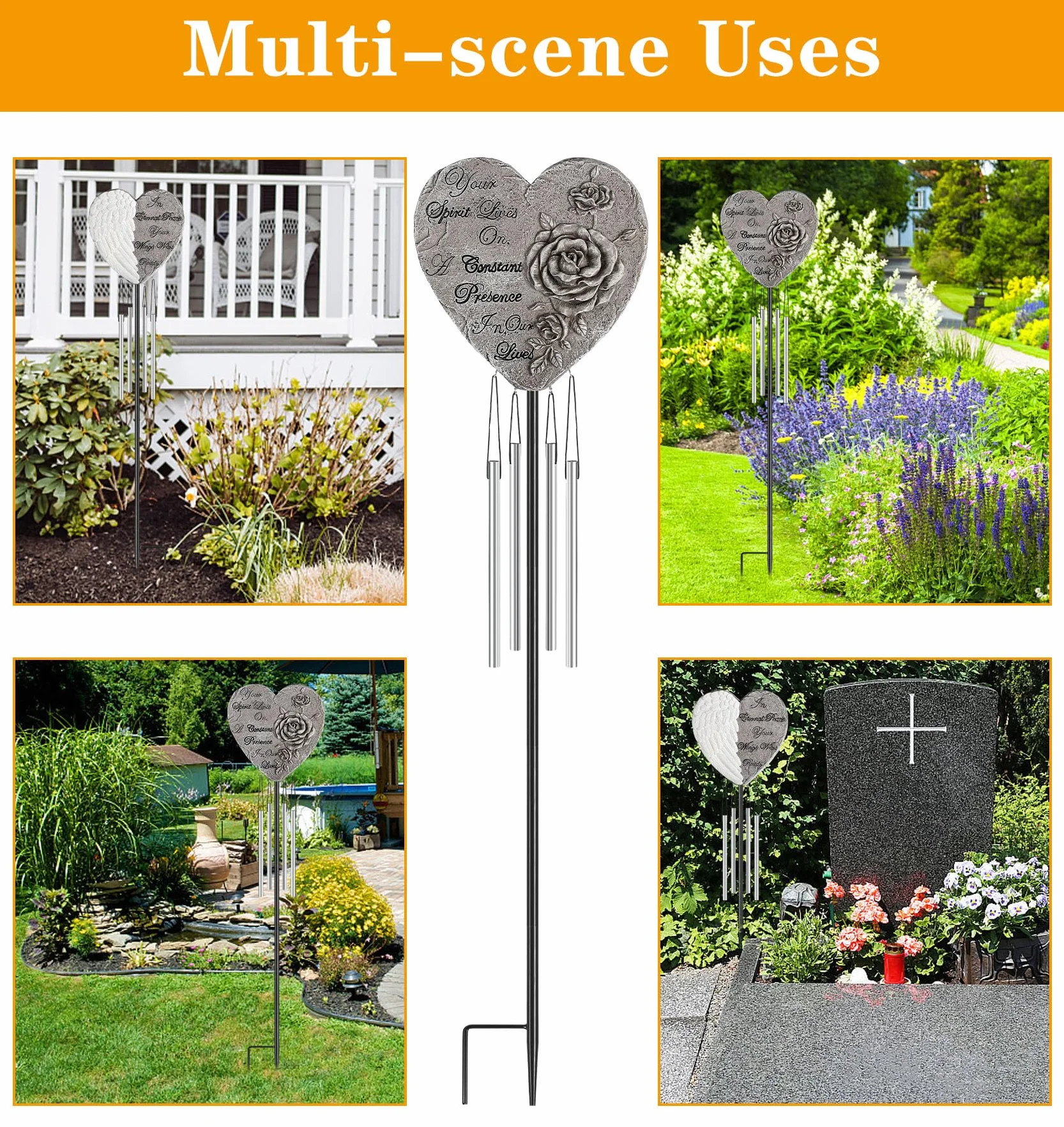 Bocola Campanello a vento commemorativo per cimitero, personalizzabile, in resina, regalo per la perdita di una persona cara, per giardino, patio, lapide, lapide, decorazioni per esterni, palo in