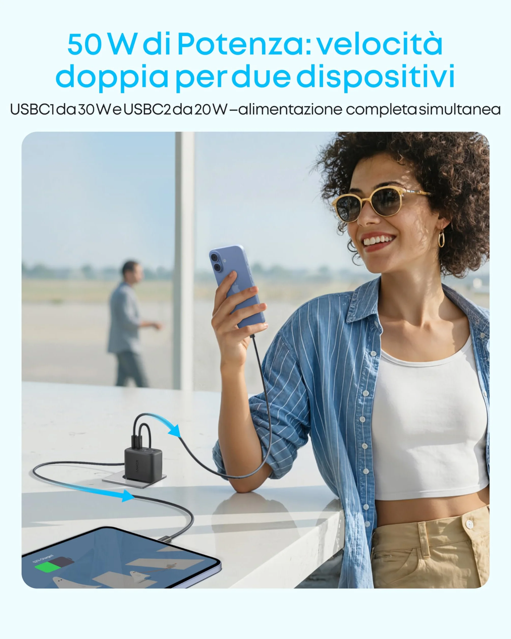 Anker Caricatore USB C 50W, Adattatore a 4 Porte con 2 USB C e 2 USB A, Design Compatto, per iPhone 17 Pro Max/Serie 16-12, MacBook, iPad, Pixel, Galaxy