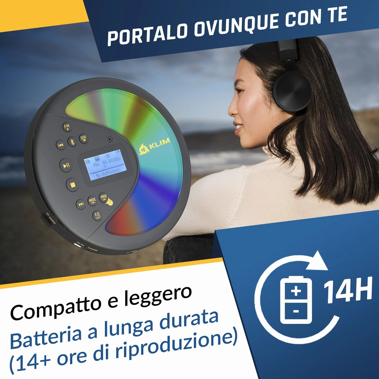 KLIM Discover Lettore CD HiFi Portatile Radio FM Bluetooth Nero/Oro