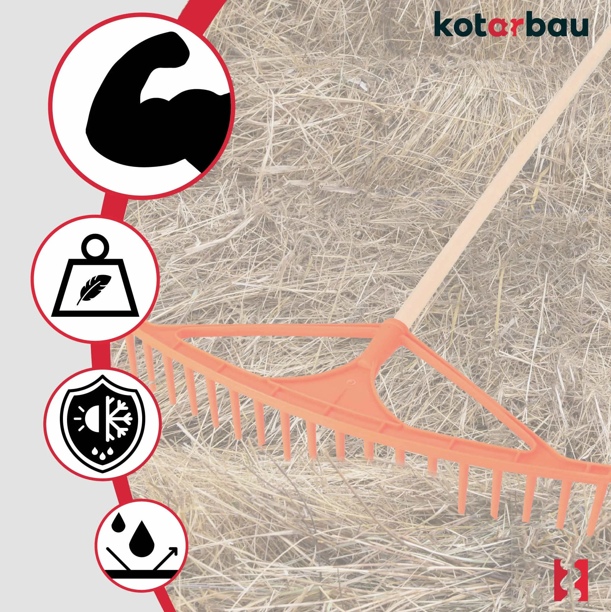 KOTARBAU® Rastrello per Foglie - Rastrello Giardino - Plastica - 64 cm - Arancione - 18 Denti - per Erba Fieno - Senza Manico - Leggero Resistente