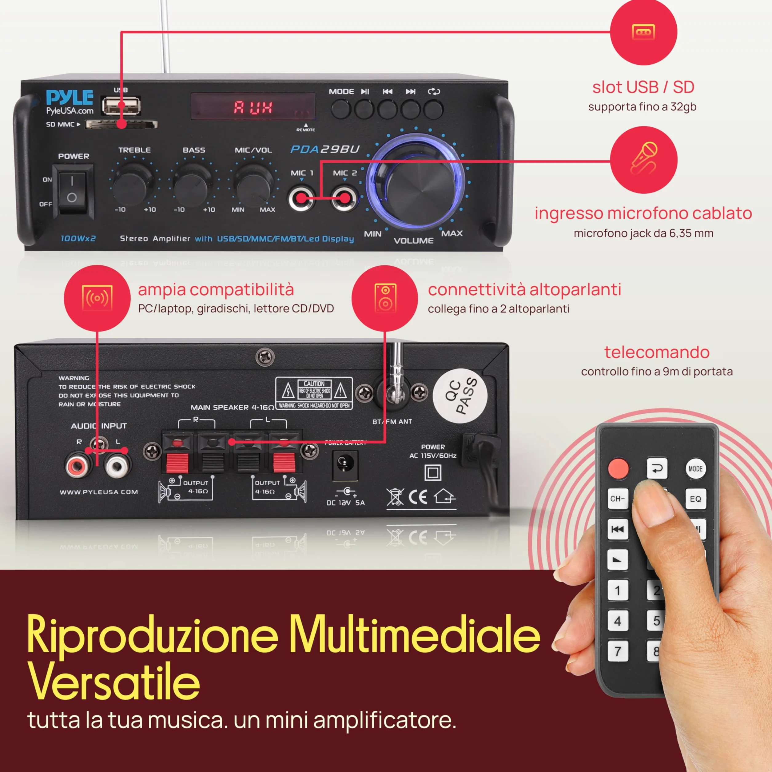 Pyle Preamplificatore Phono, Amplificatore Audio Stereo Wireless Bluetooth 200 Watt, Doppio Canale, RCA, USB, SD, Microfono, Radio FM
